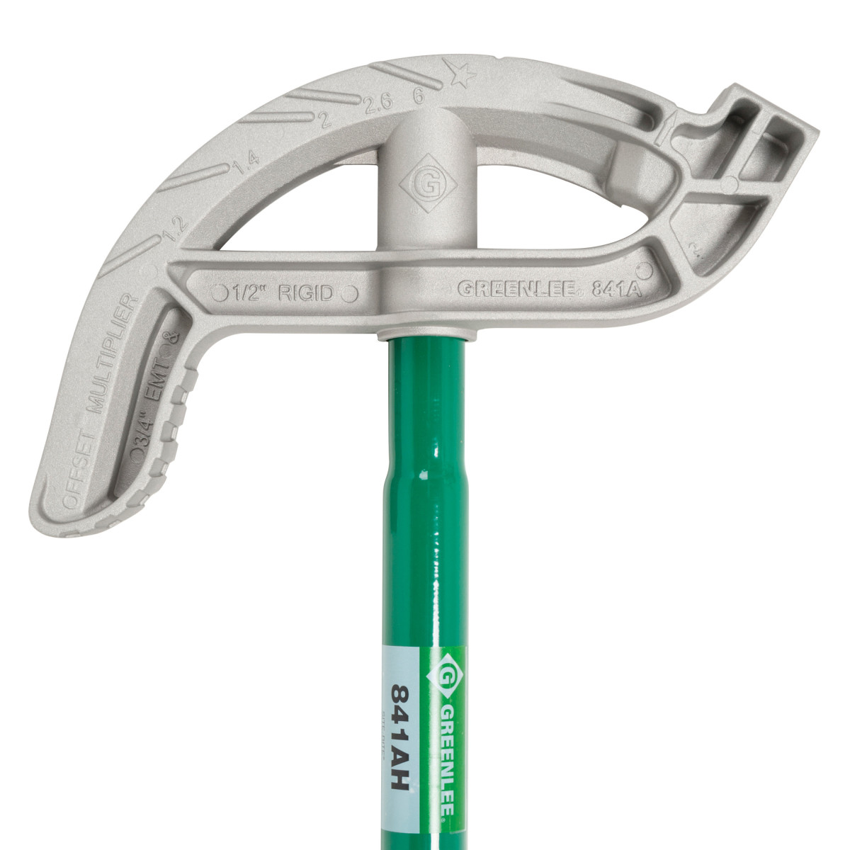 Site-Rite® Aluminum Hand Bender Head with Handle for 3/4" EMT, 1/2" Rigid/IMC.  Sighting system featuring cast-in, readable markings on the bender heads and a finish that provides for the best visibility in low-light.  Strong, stable square hook design.  1-1/2" bender heads both offer the power pedal feature with a larger foot area on the head for greater control, stability and leverage.  Bender head has enlarged foot pedal and increased toe room to ensure greater control, stability and leverage.  Bender handle has a consistent diameter, offering a bigger grip area, while still straight up and down for fast 30 degree bends.  Lifetime Limited Warranty.