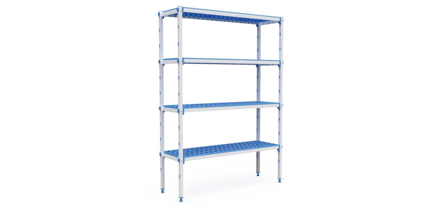 Kit de estanterías modulares de cuatro niveles con estructura de aluminio anodizado con estanterías de polipropileno de 4275 x 555 mm