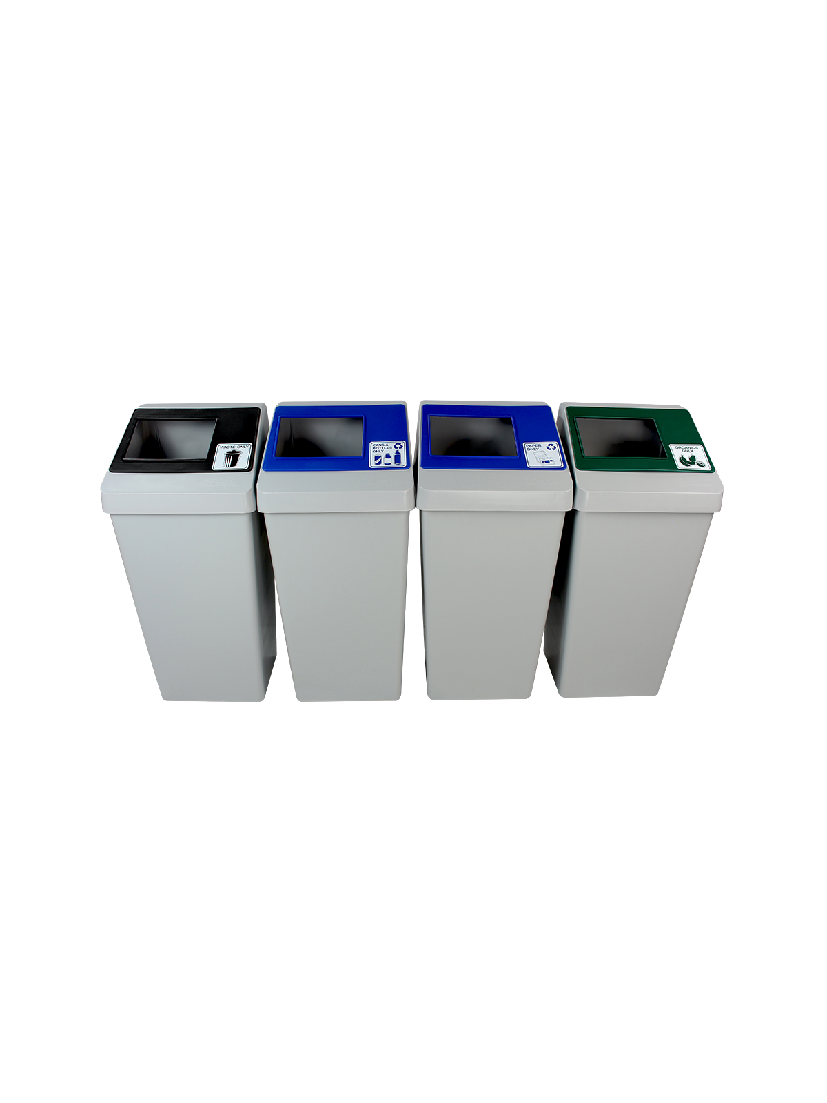 SMART SORT – Quad – Kit – Cans & Bottles-Paper-Organics-Waste – Full – Grey-Blue-Blue-Green-Black