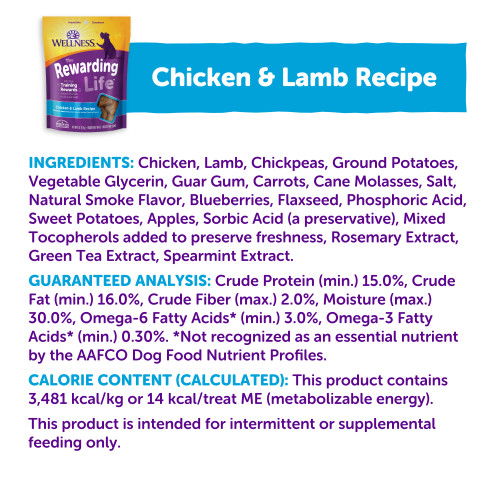 <p>Chicken, Lamb, Chickpeas, Ground Potatoes, Vegetable Glycerin, Guar Gum, Carrots, Cane Molasses, Salt, Natural Smoke Flavor, Blueberries, Flaxseed, Phosphoric Acid, Sweet Potatoes, Apples, Sorbic Acid( a preservative), Mixed Tocopherols added to preserve freshness, Rosemary Extract, Green Tea Extract, Spearmint Extract. </p>
