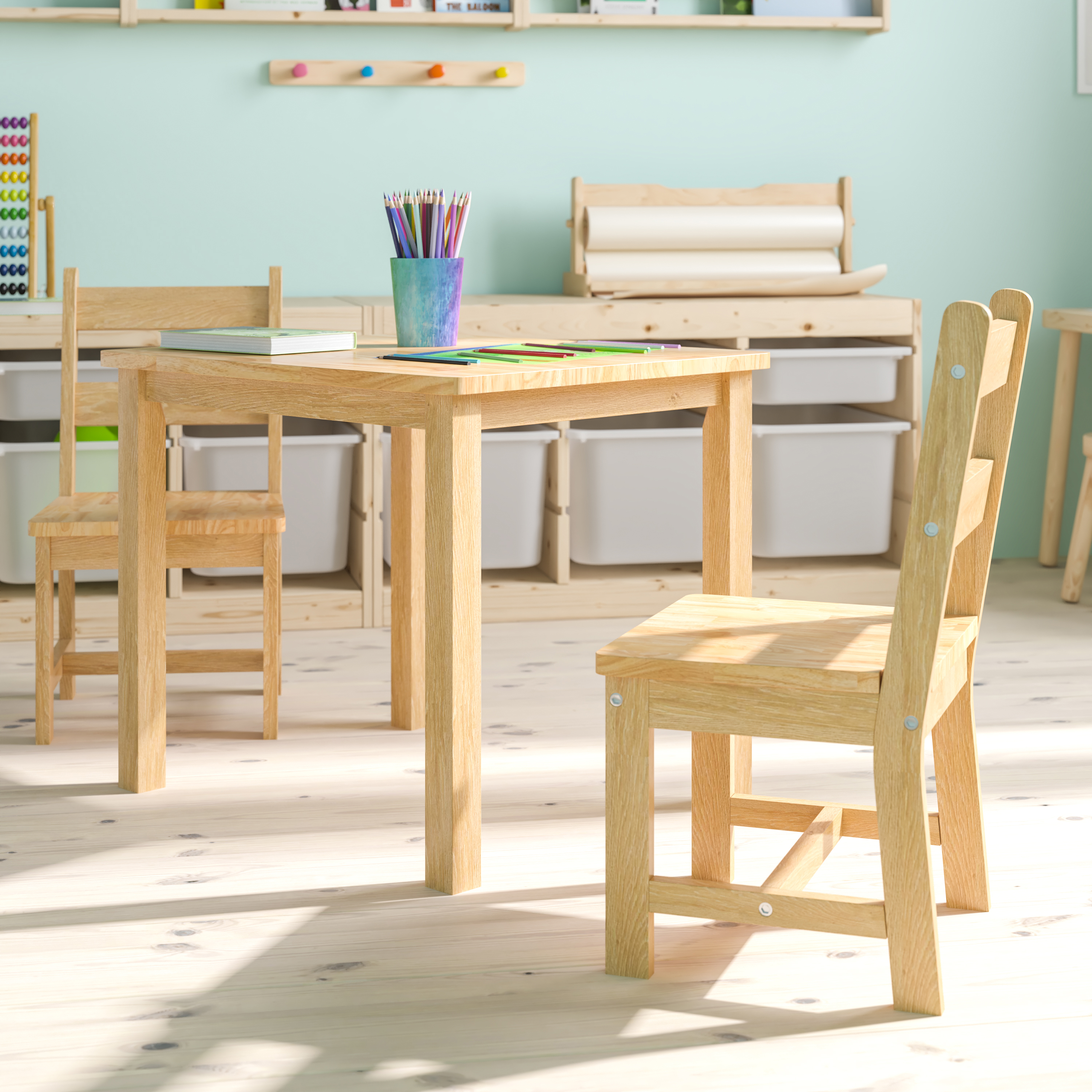 Juego de mesa y silla de madera maciza para niños de 3 piezas para sala de juegos, cocina - blanco - Imagen 7 de 37