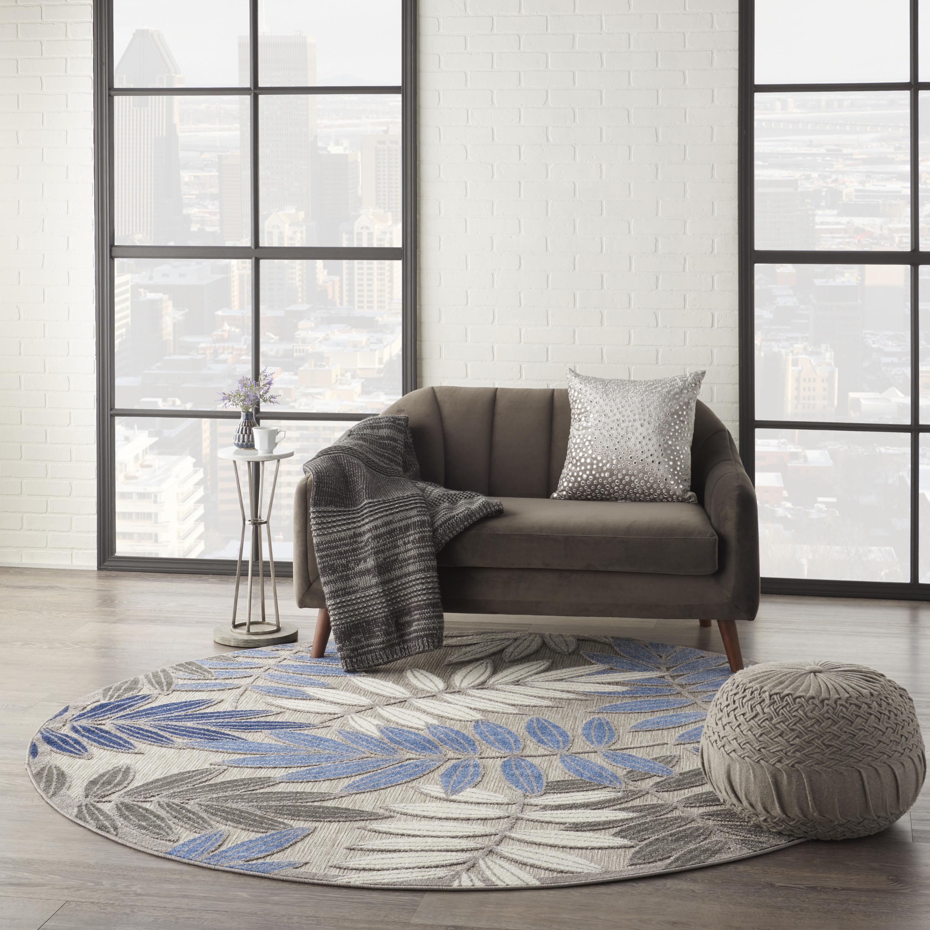 Nourison Aloha 7'10" x Round Grey Blue Tropical Rug