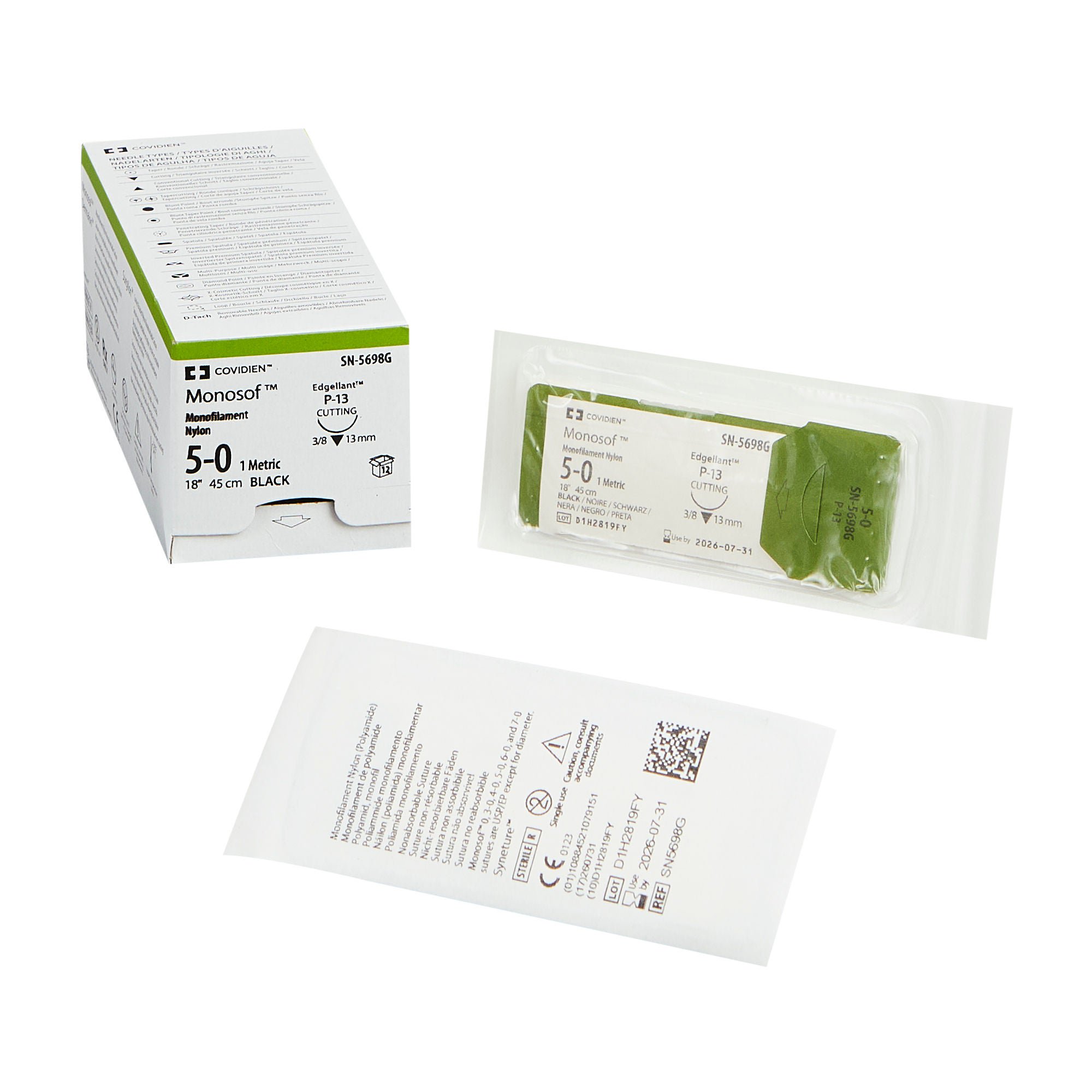 Monosof™ Dermalon™ Suture with Needle, Black, Size 5-0