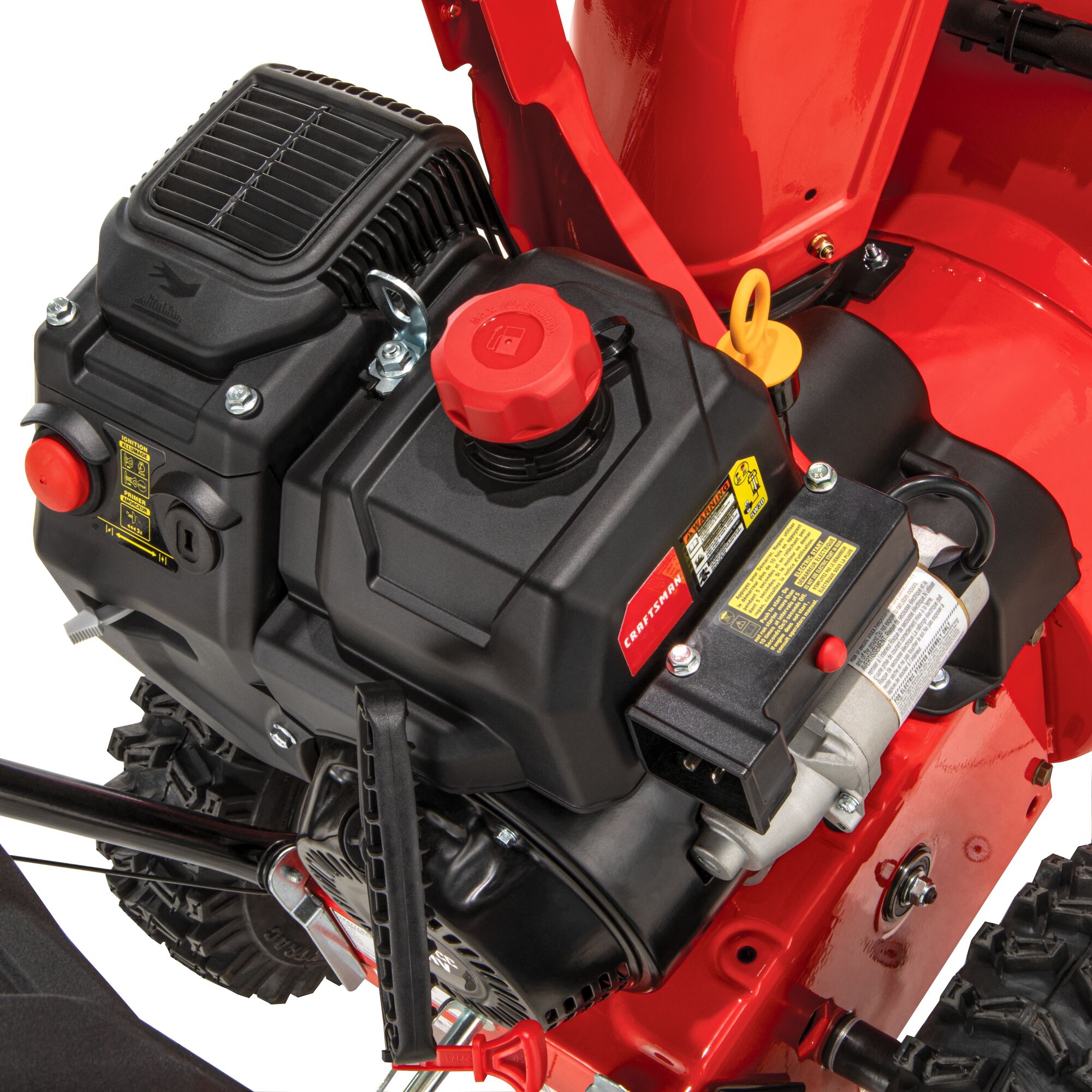 Electronic governing engine design feature in 28 inch 357CC two stage self propelled gas snow blower with E F I and E G O V engine.