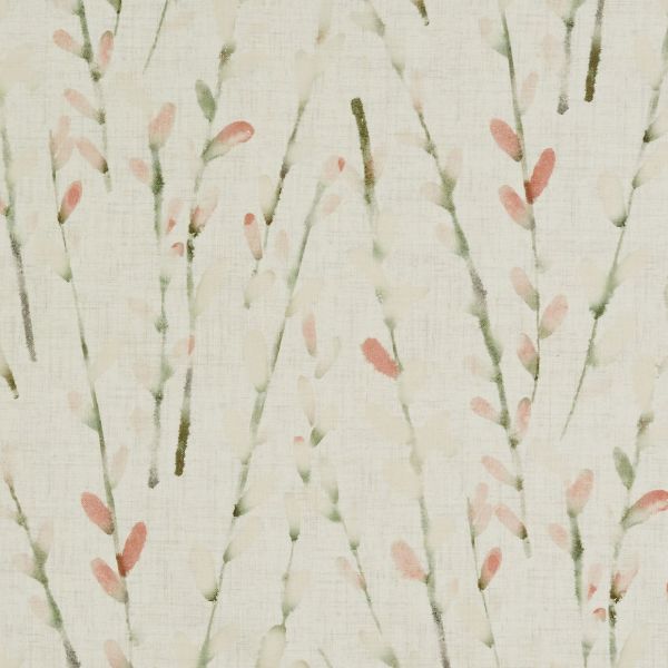 Linen-textured wallpaper covers a wall with repeating vertical watercolor stems, pale green leaves and blush buds, decorating a softly lit, neutral-toned interior.