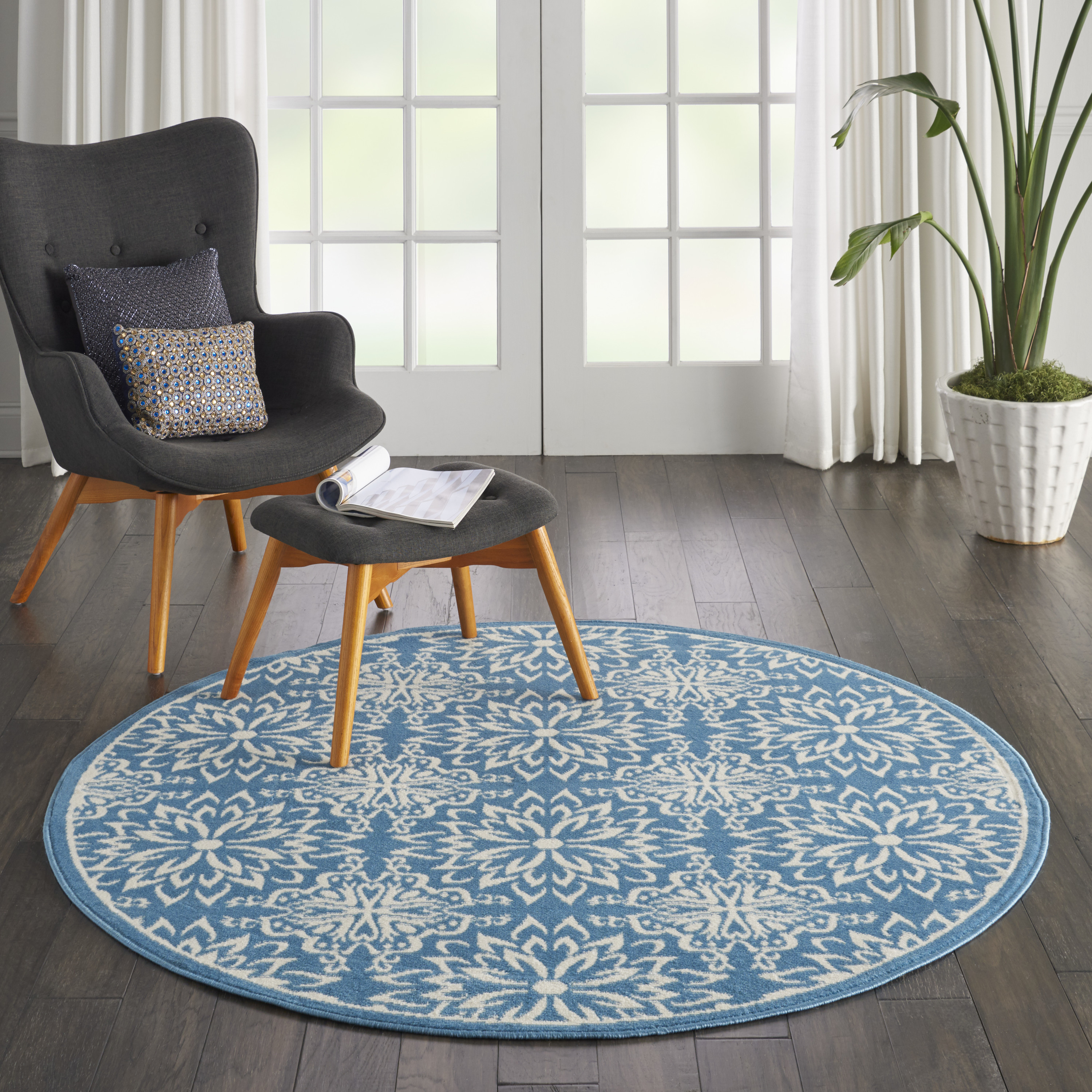 Nourison Jubilant 5'3" x Round Ivory Blue Farmhouse Indoor Rug