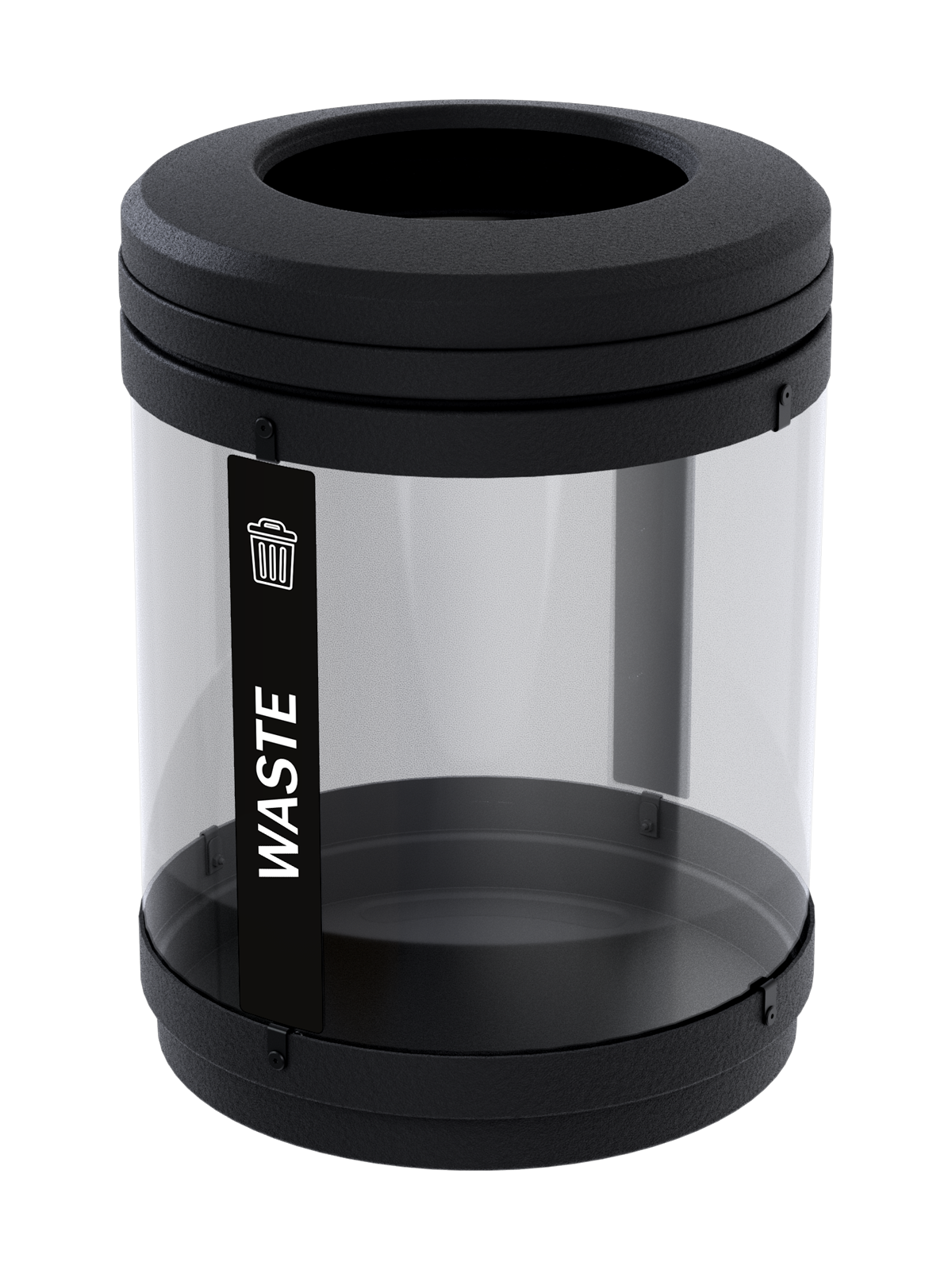 clear body waste container with black plastic lid and base for visible collection and security
