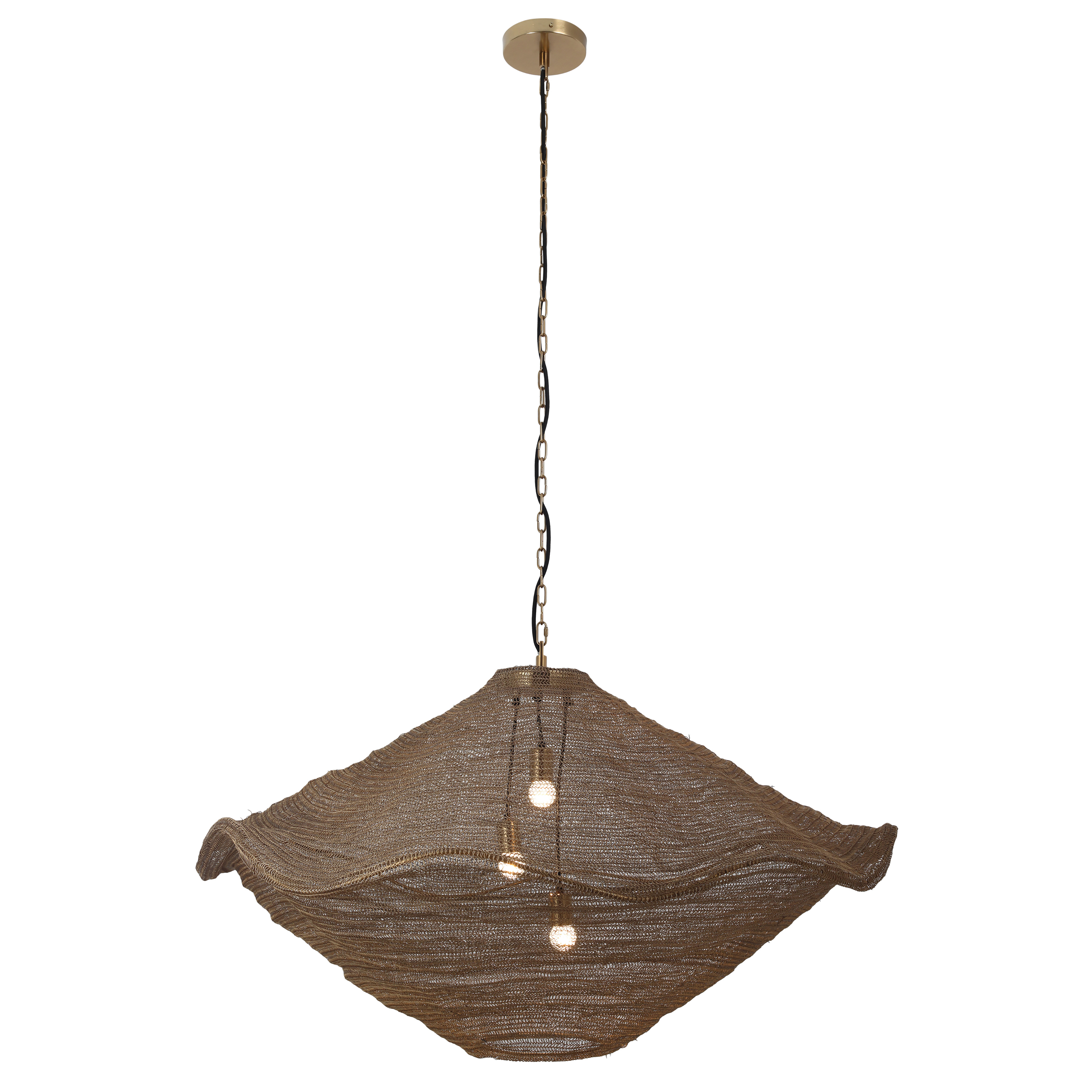The Marseille 3-Light Pendant makes a bold statement with its 44-inch linear design and luxurious gilded brass mesh construction. Perfect for dining rooms and kitchen islands, this fixture combines modern sophistication with industrial edge. - alternate view