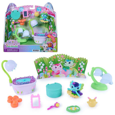 DreamWorks Gabby's Dollhouse Fairylandia MerCat's Fairy Bathroom 12-Piece Set with Moving Bubbles and Spinning Chair, Pretend Play Toys and Doll House Accessories for Kids, Ages 3+