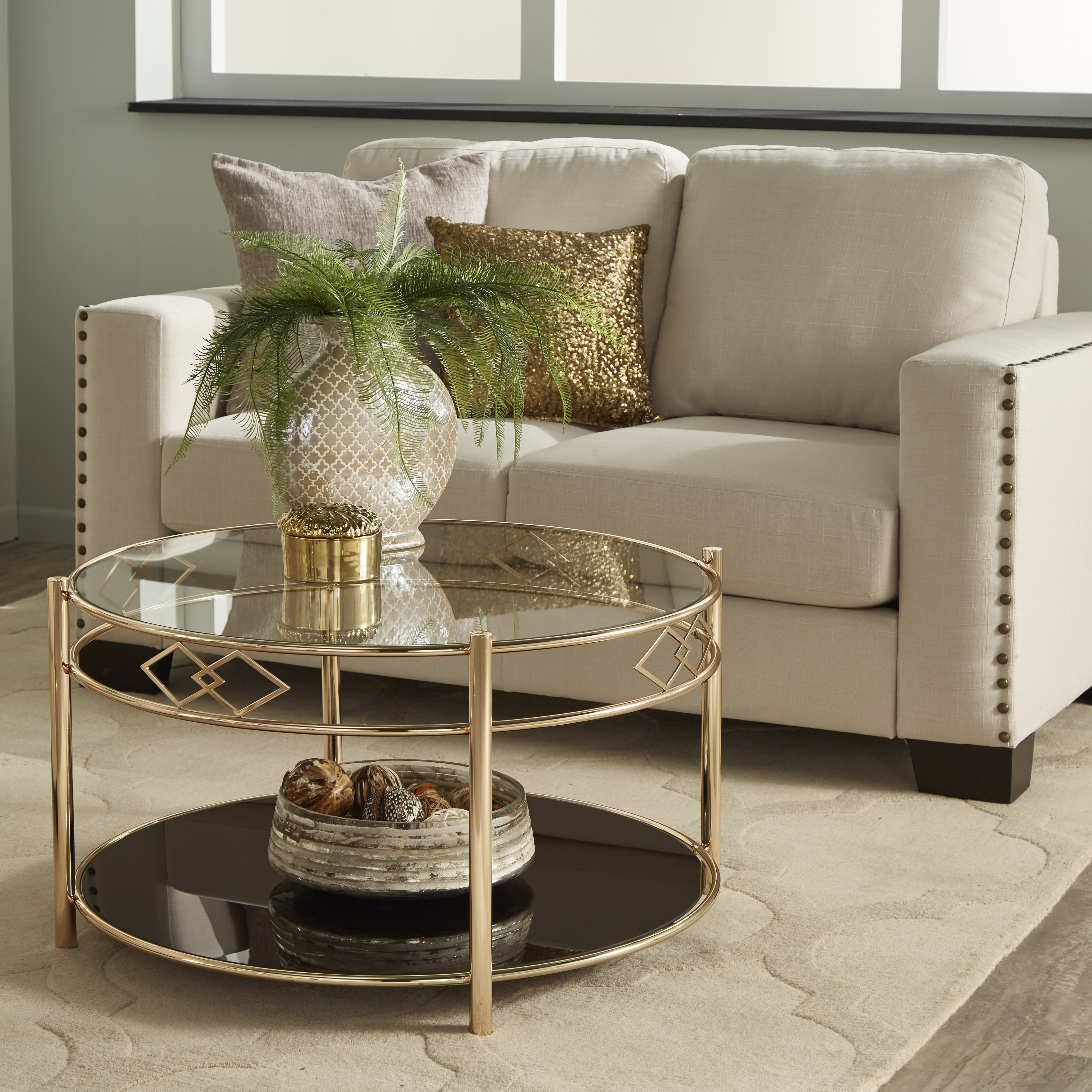 Rose Gold Finish Black Tempered Glass Metal Coffee Table