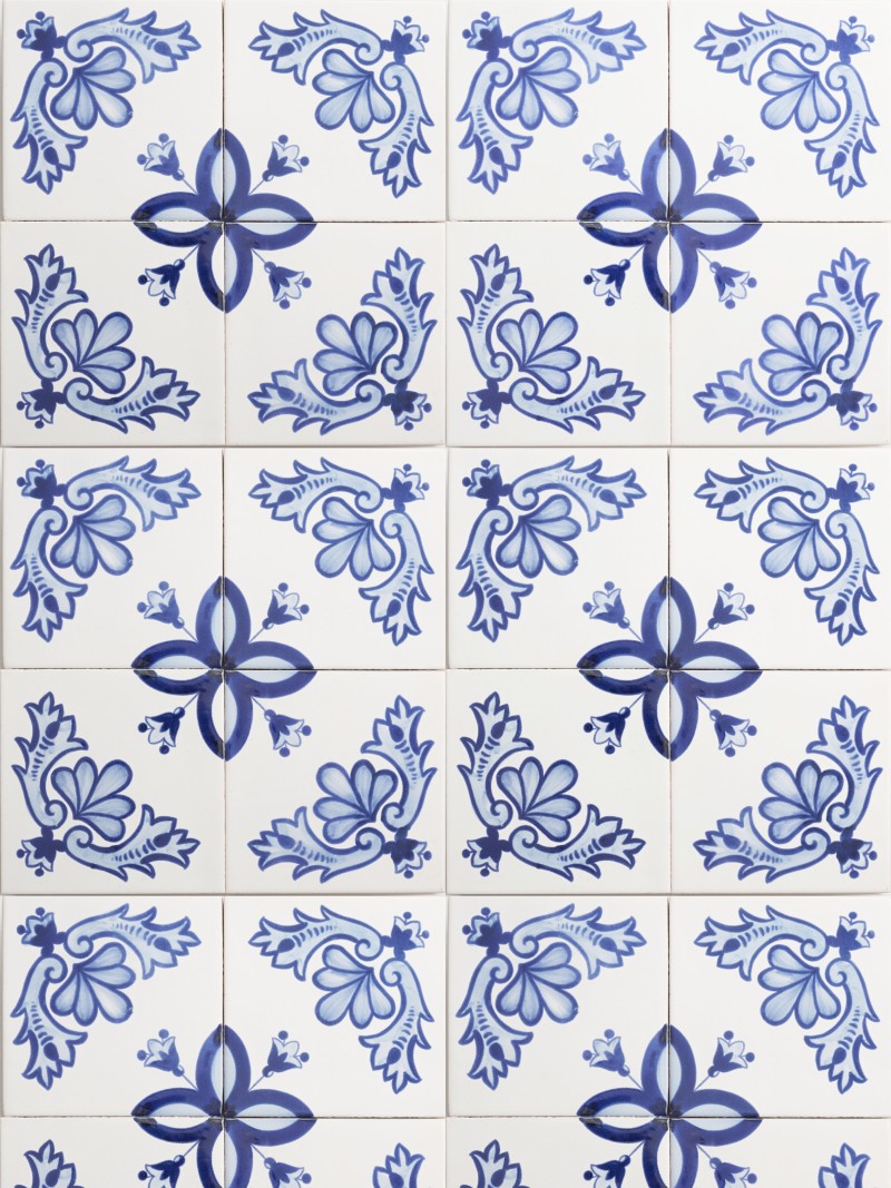 blue and white tiles with floral designs.