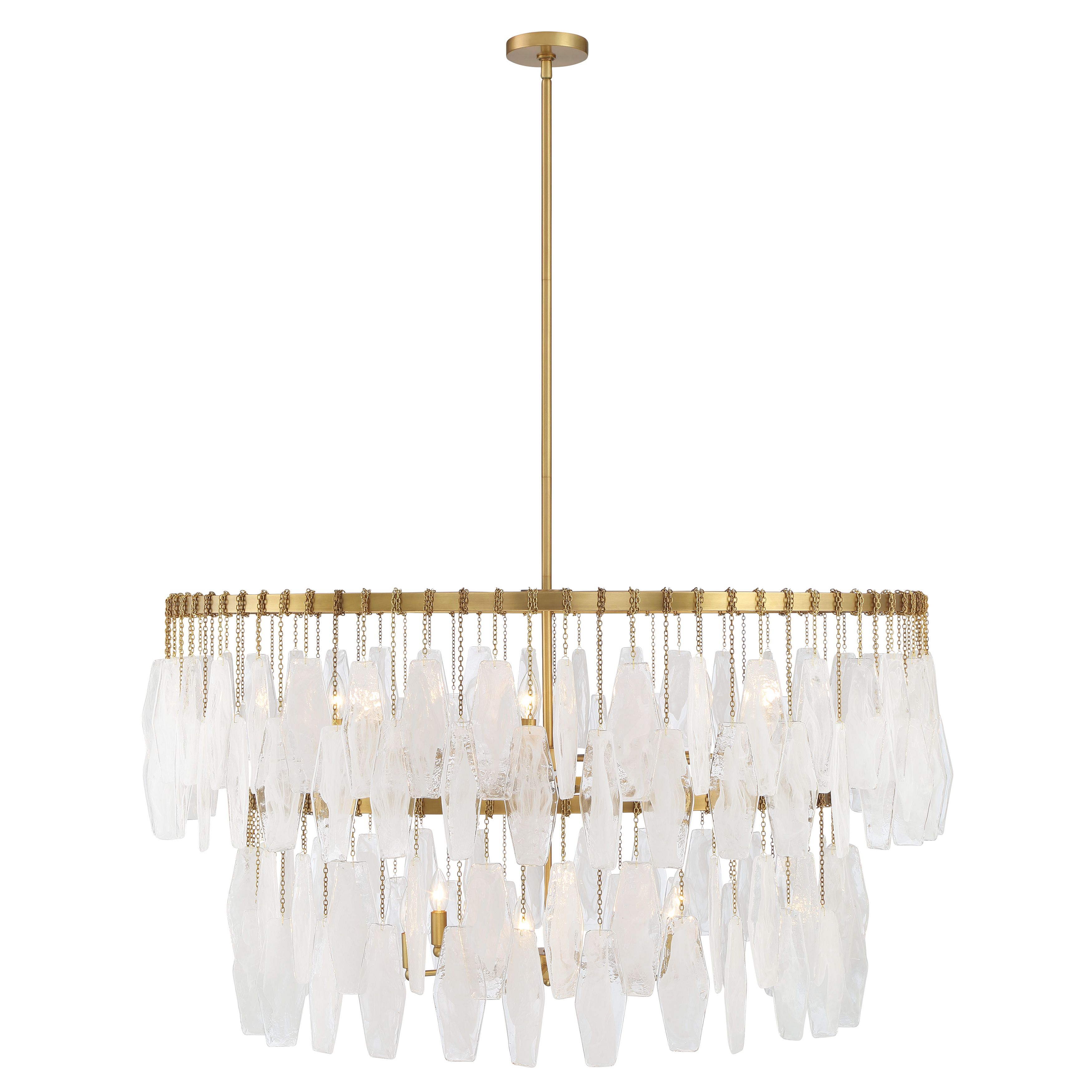 The Willow pendant makes a dramatic statement with 14 candelabra lights arranged across a 45-inch span. Legacy brass finish paired with white swirl glass shades creates timeless elegance perfect for large dining rooms and grand entryways. - alternate view