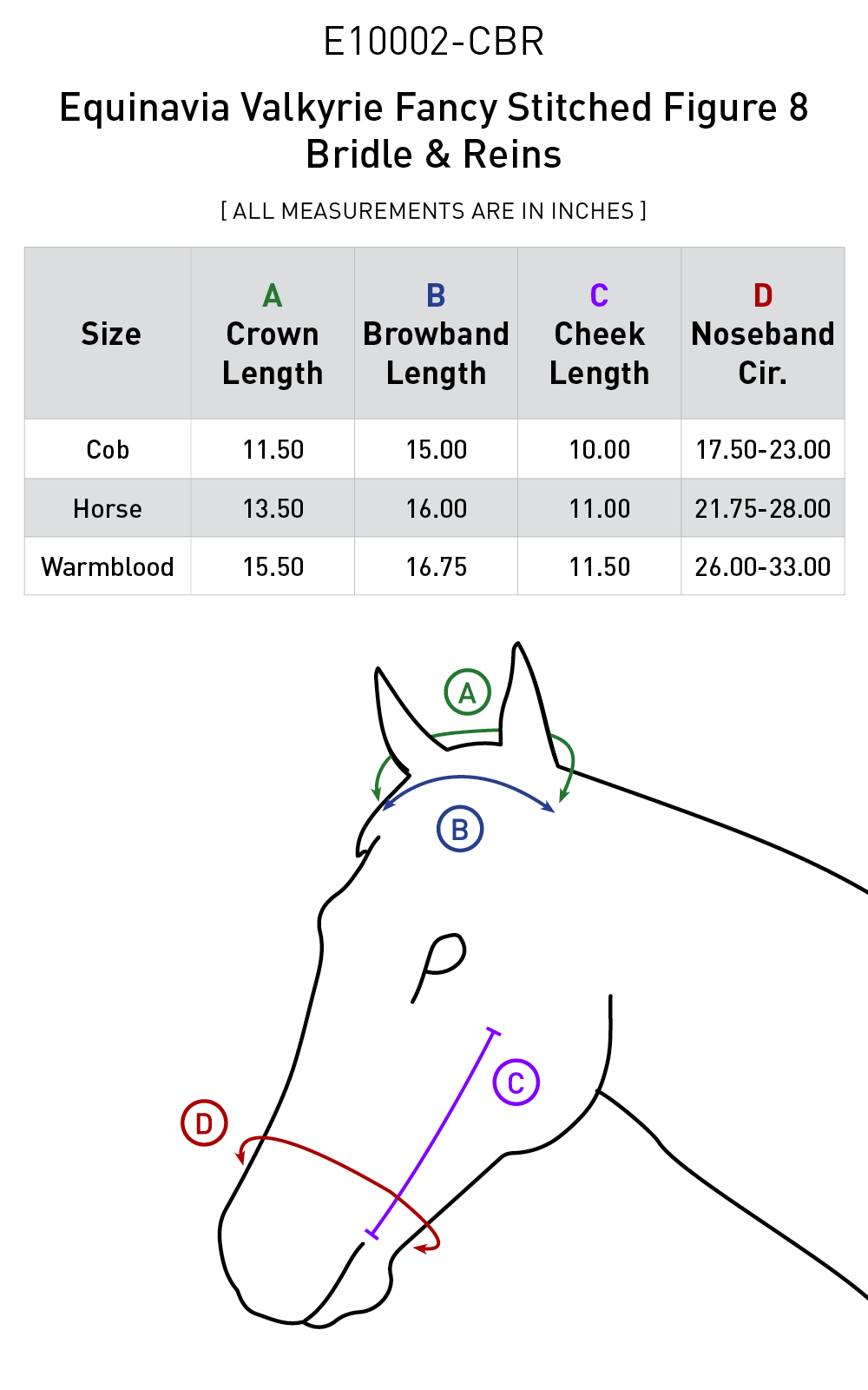 Size chart for Equinavia Valkyrie Fancy Stitched Figure 8 Bridle & Reins - Chocolate Brown