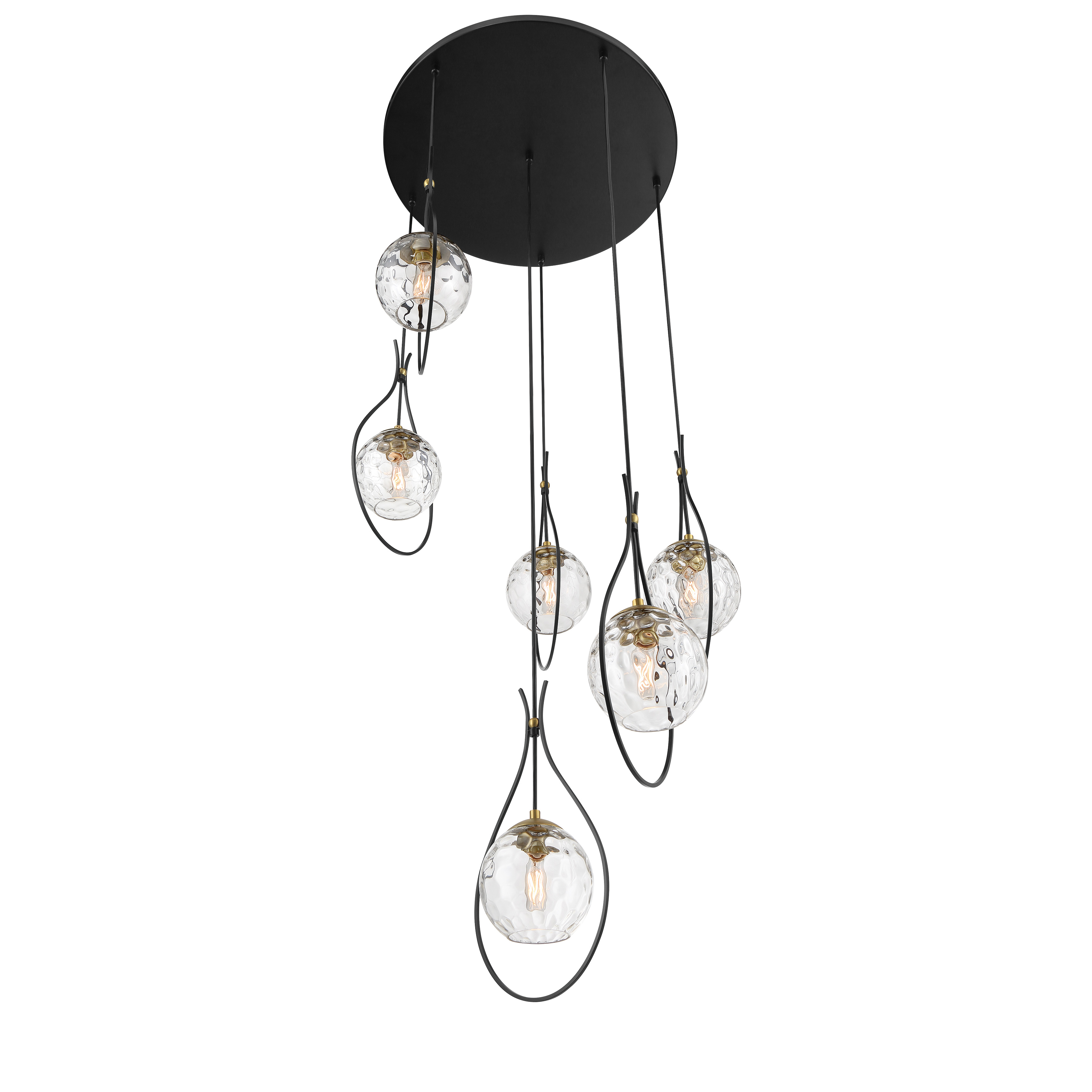 The Cody 6-Light Pan Pendant combines coal black and soft brass finishes with clear water glass shades for a sophisticated transitional look. At 28 inches wide, it provides substantial presence perfect for dining rooms and kitchen islands. - alternate view