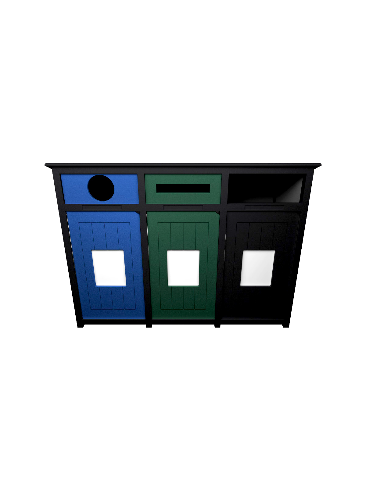 Busch Systems Aspyre Collection Aura Series triple in black and grey with blue green and black doors and openings with door signs