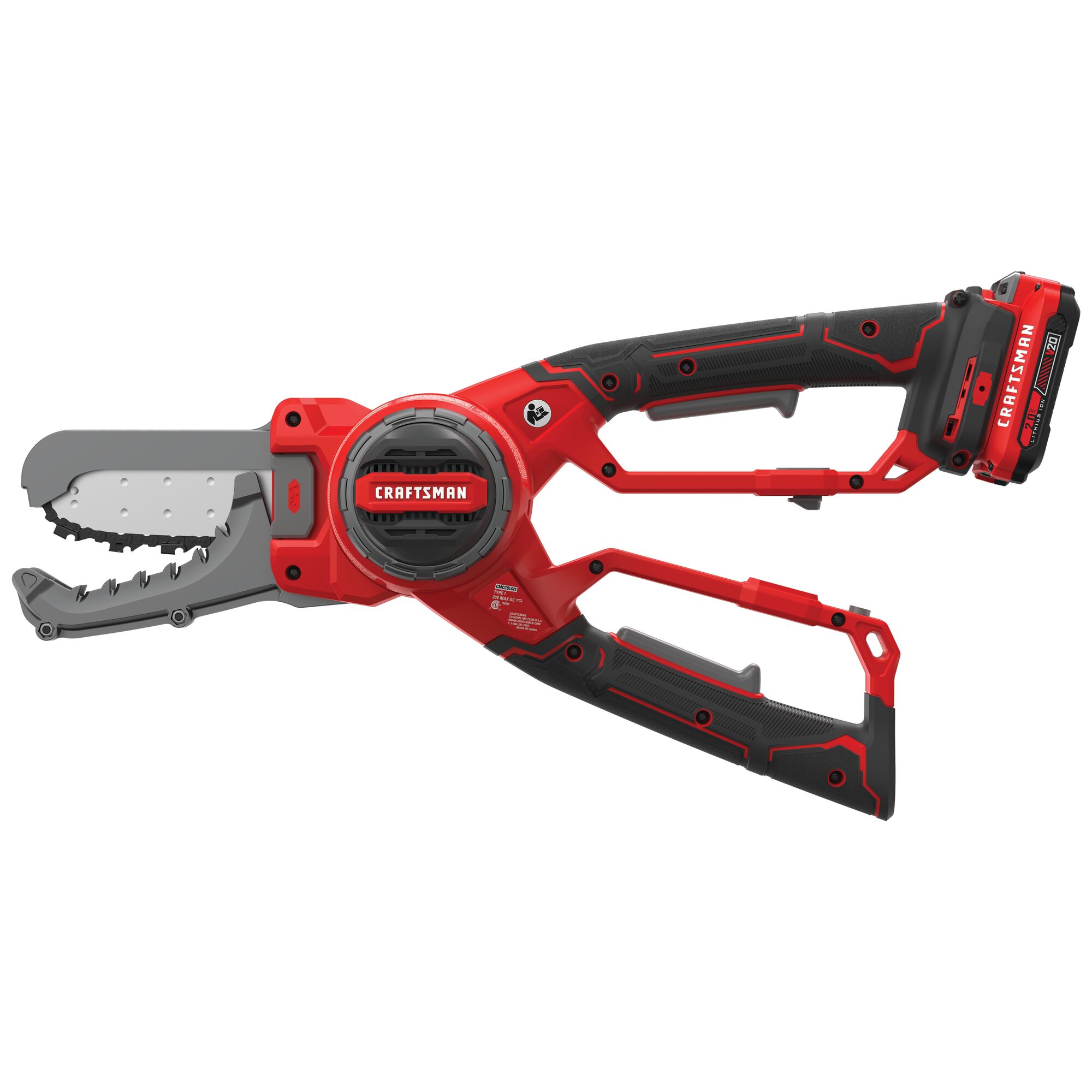 Left profile of 6 inch cordless compact chainsaw lopper kit 2 amp hour.