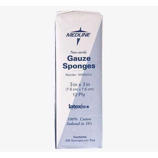 Bag - 100% Cotton Gauze Sponges, 3" x 3", 12-Ply, Non-Sterile, - 200/Bag