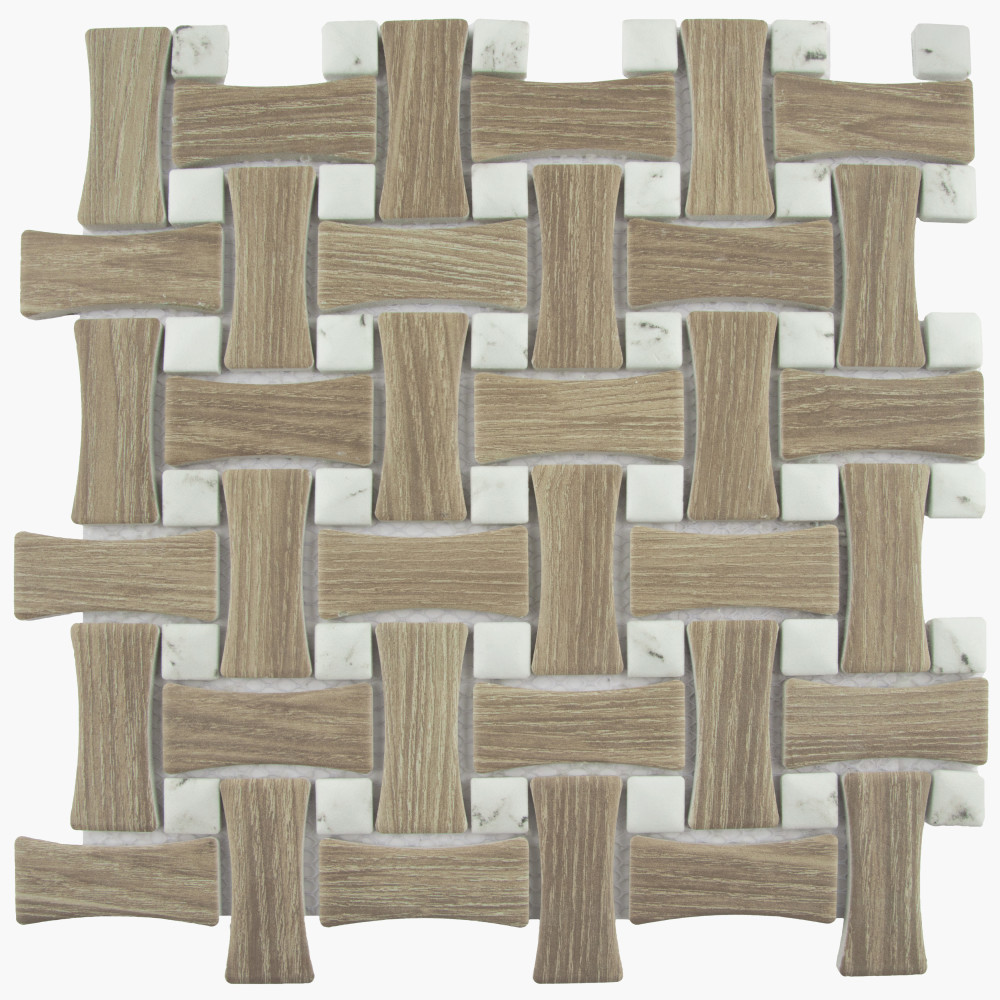 Llama Dog Bone Basketweave Noce/Calacatta Dot 10 in. x 10 in. Porcelain Mosaic Tile