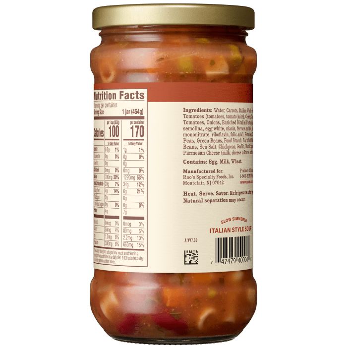 Vegetable Minestrone Soup, 16 oz - Back Image