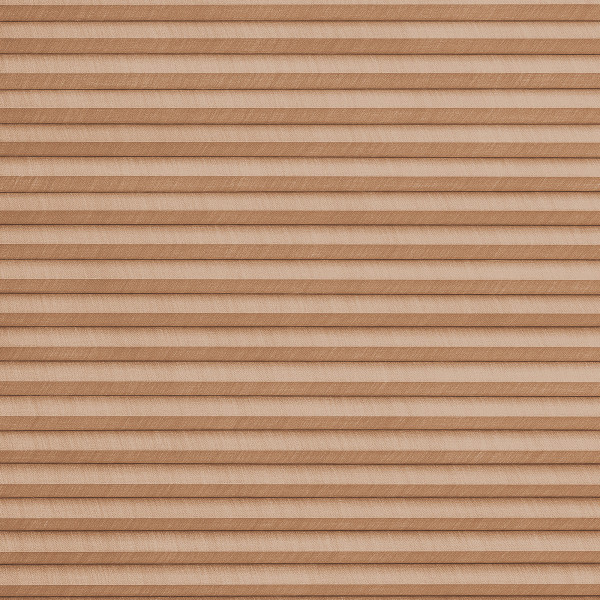 Beige fabric pleated cellular shades, horizontal folds across entire surface, fully lowered and closed, softly diffusing light; close-up view with uniform lighting and no visible window frame or room context.