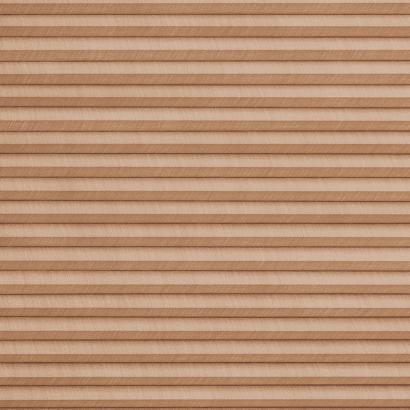 Beige fabric pleated cellular shades, horizontal folds across entire surface, fully lowered and closed, softly diffusing light; close-up view with uniform lighting and no visible window frame or room context.