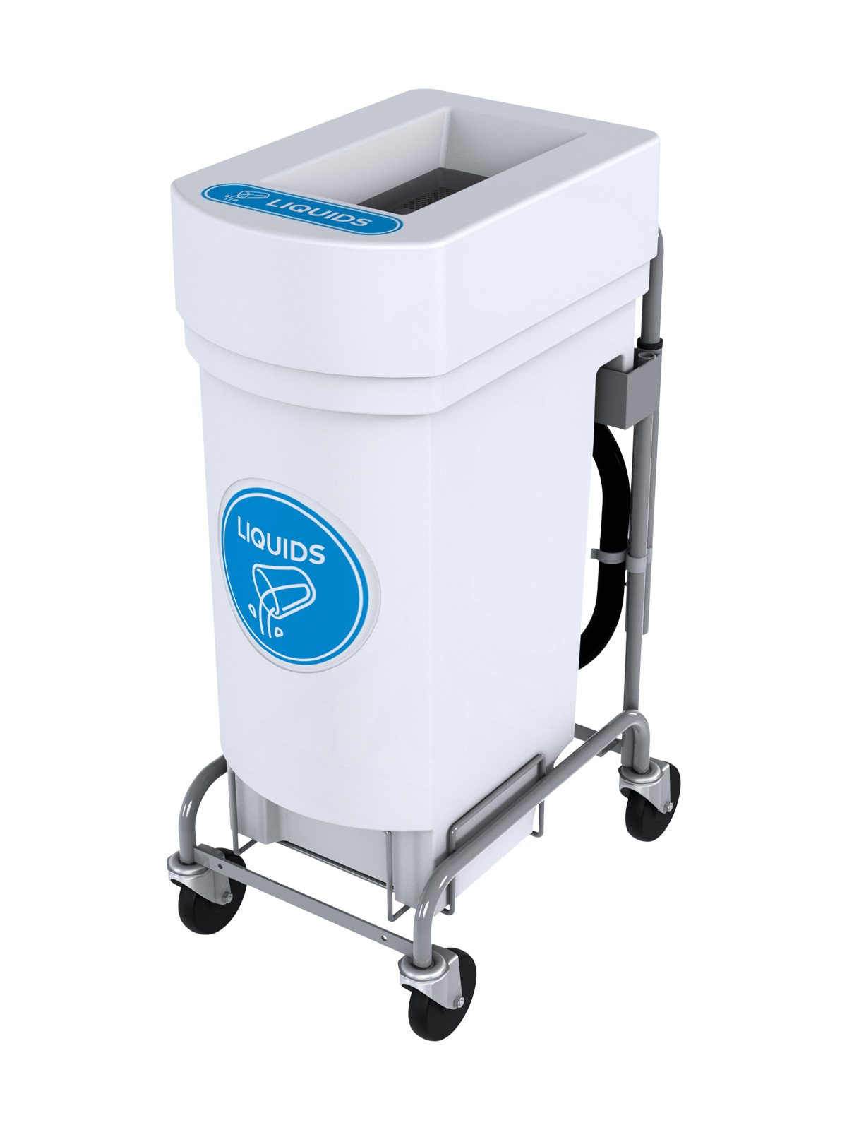 liquid collection bin on a dolly with drain hose and valve with basic graphics kit supplied