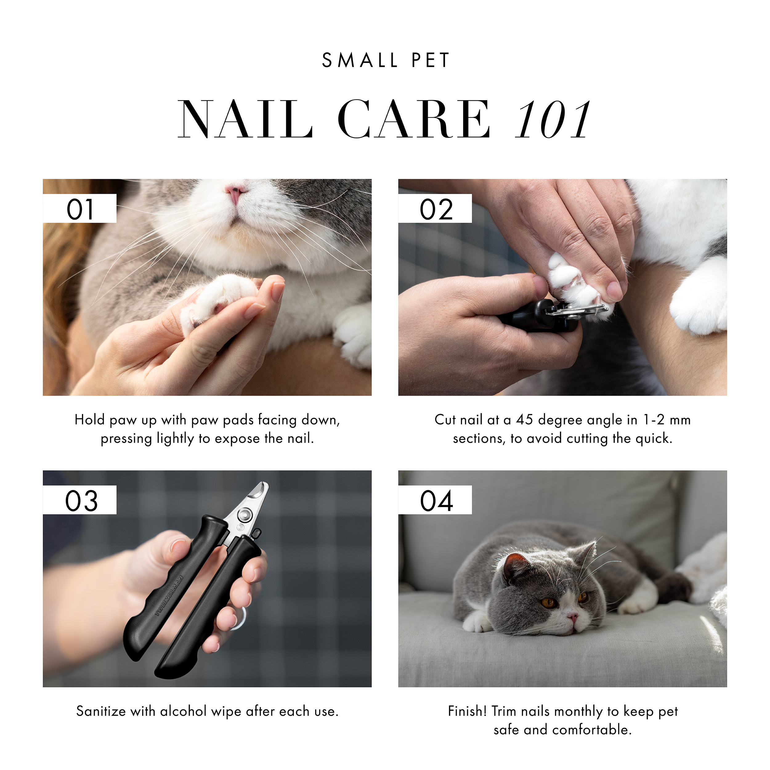 Small Pet Nail Care 101. 1) Hold paw up with paw pads facing down, pressing lightly to expose the nail. 2) Cut nail at a 45 degree angle in 1-2mm sections, to avoid cutting the quick. 3) Sanitize with alcohol wipe after each use. 4) Finish! Trim nails monthly to keep pet safe and comfortable.