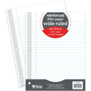 Reinforced 3-Hole Punched, Filler Paper, Wide Rule, 10.5" x 8", 100 Sheets