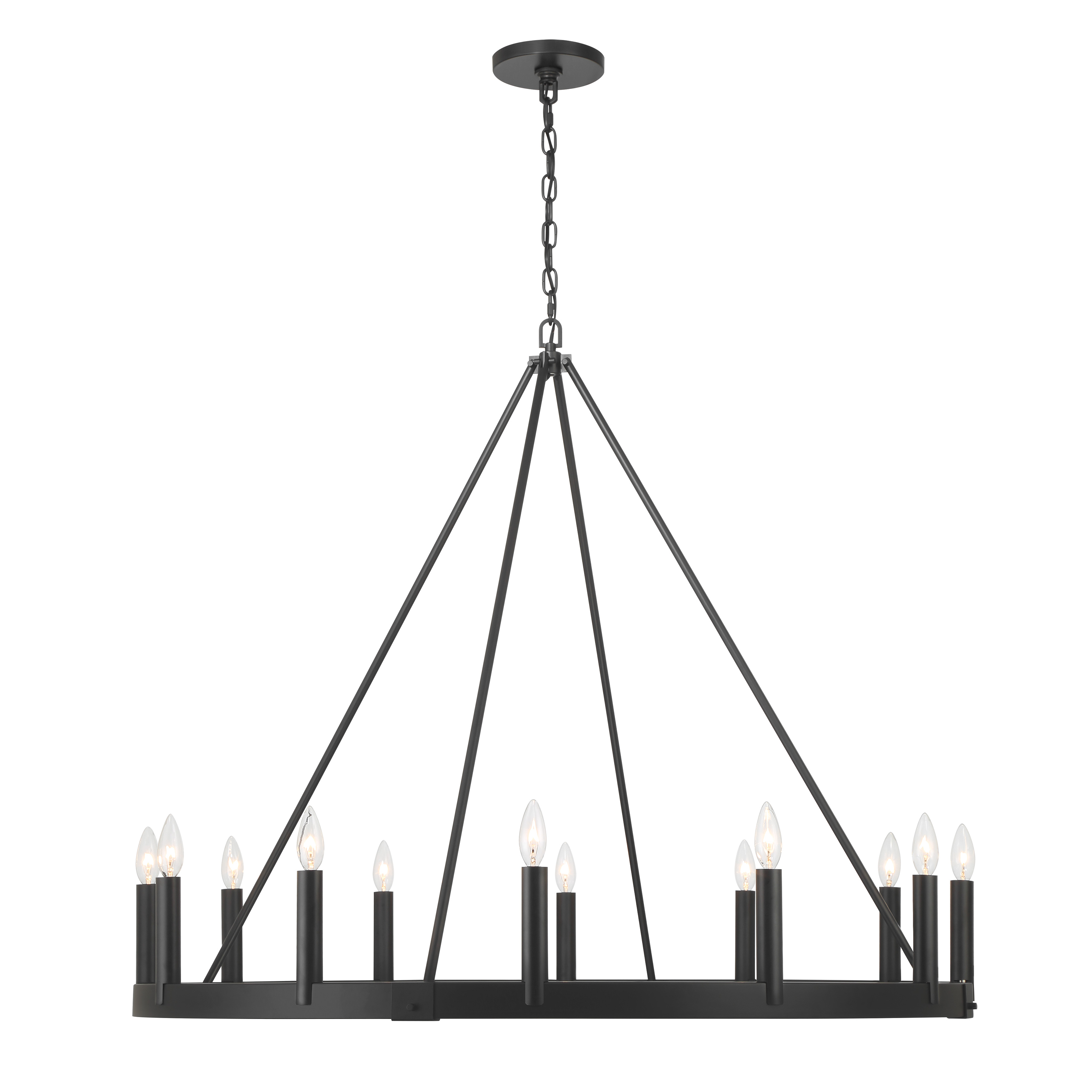 The Dutton chandelier makes a bold statement with 12 candelabra lights arranged in a traditional design. Its substantial 42.63-inch width and Coal Black finish bring dramatic elegance to large dining rooms and entryways. - alternate view