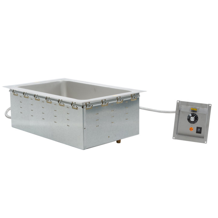 208- to 240-volt top-mount fabricator drop-in hot well with standard drain and thermostatic controls
