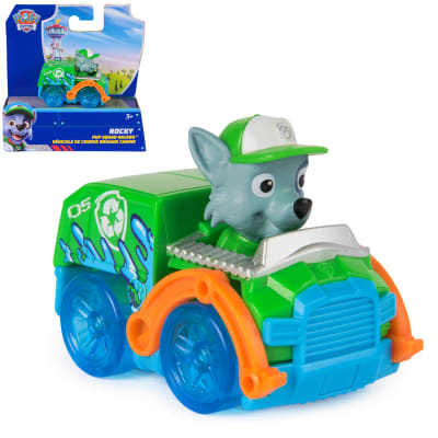 PAW Patrol Pup Squad Rocky Pup Squad Racer, 2.5-Inch Splash Racer with Real Working Wheels, Pretend Play Kids Toys for Boys & Girls Ages 3 and Up
