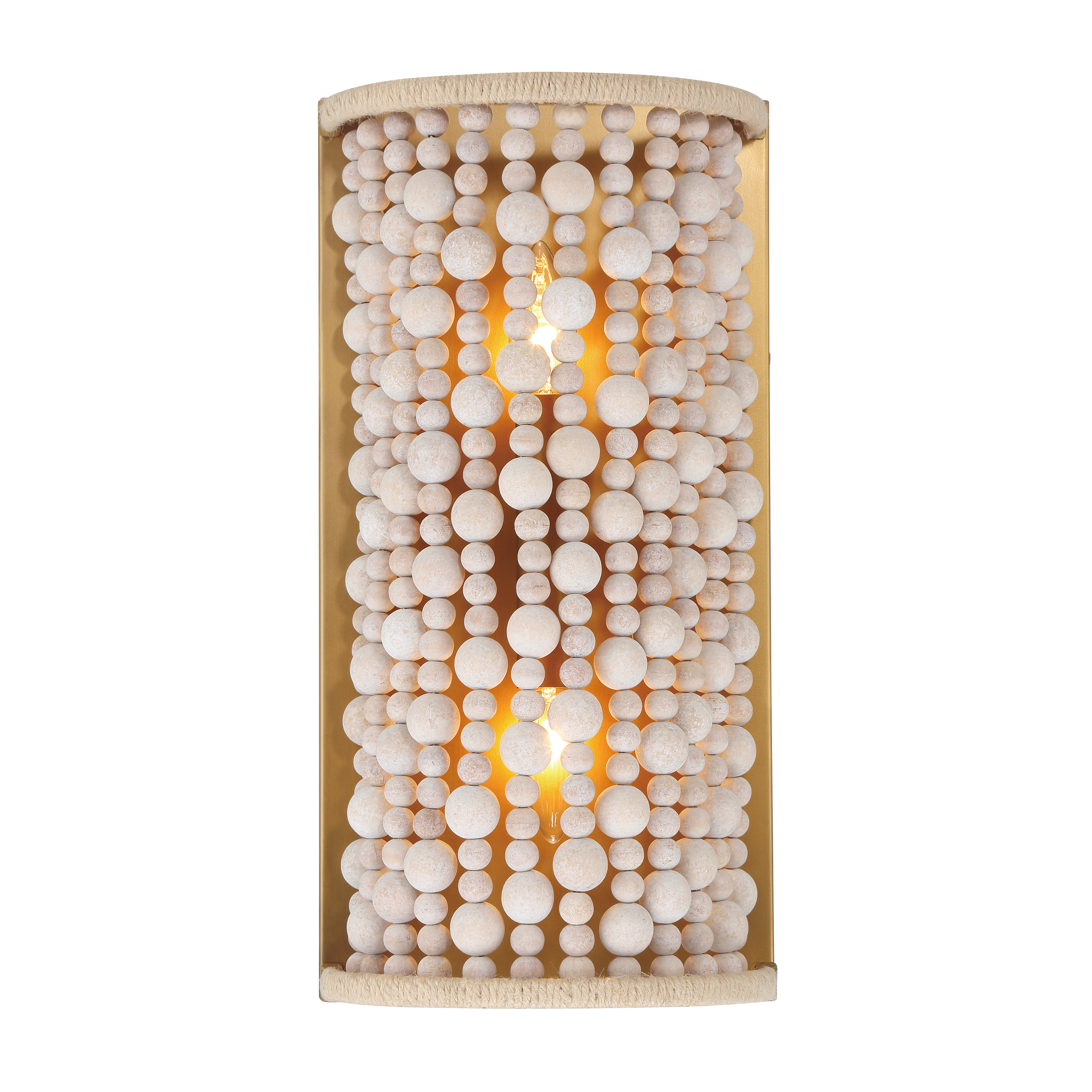 The Horsmore wall sconce brings organic warmth to any space with its distinctive bleached wooden beads and hemp rope accents. The painted legacy brass finish adds subtle sophistication while the natural materials create a relaxed, coastal aesthetic. - alternate view