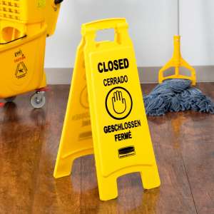 Rubbermaid Commercial, Multilingual "Closed", Wet Floor Sign, Yellow, 26"