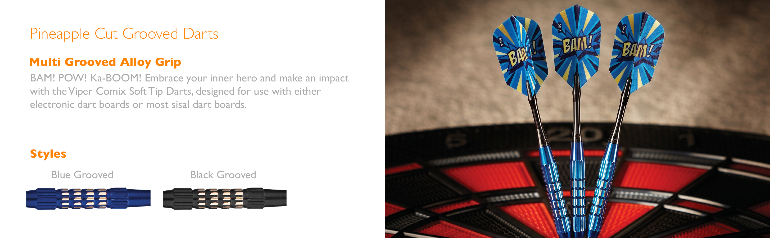 Three steel tip darts with blue pineapple-textured flights and grooved barrels, clustered on a dartboard