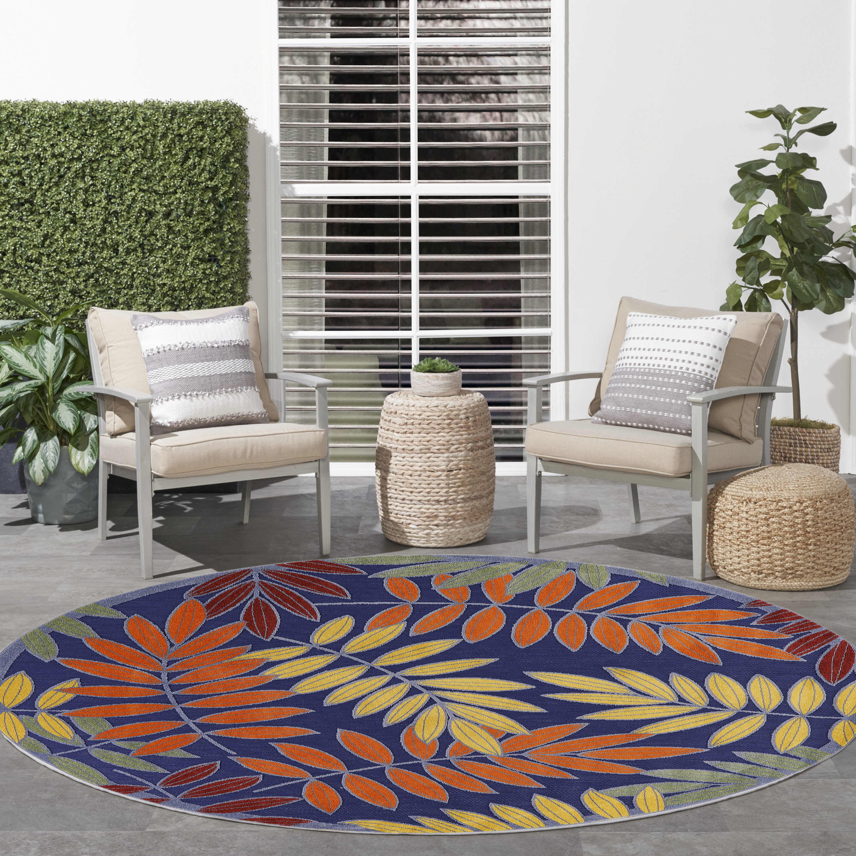 Nourison Aloha 5'3" x Round Navy Multicolor Outdoor Rug