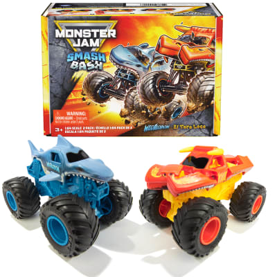 Monster Jam Smash & Bash 2-Pack Monster Trucks, Megalodon & El Toro Loco, 1:64 Die Cast Repairable Monster Truck, Kids Toys for Boy and Girls Ages 3 and up