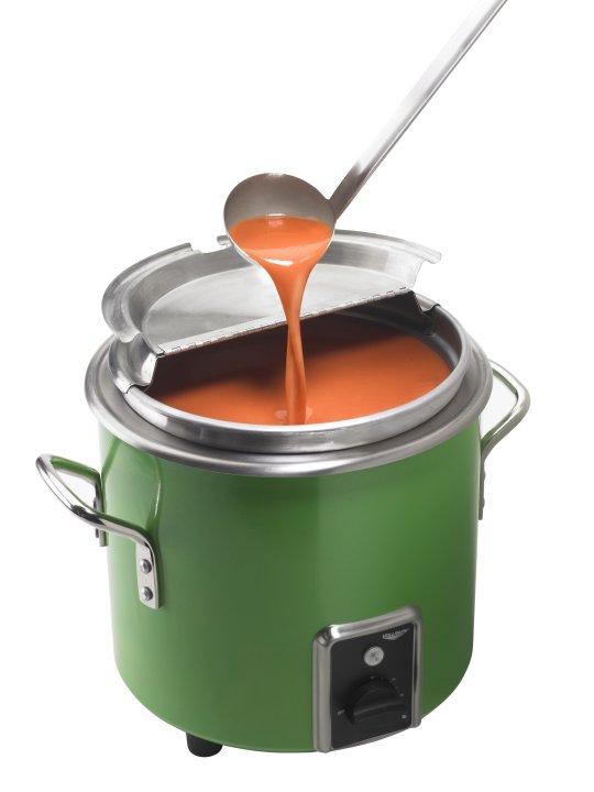 11-quart 230-volt retro stockpot rethermalizer in fire engine red with UK plug