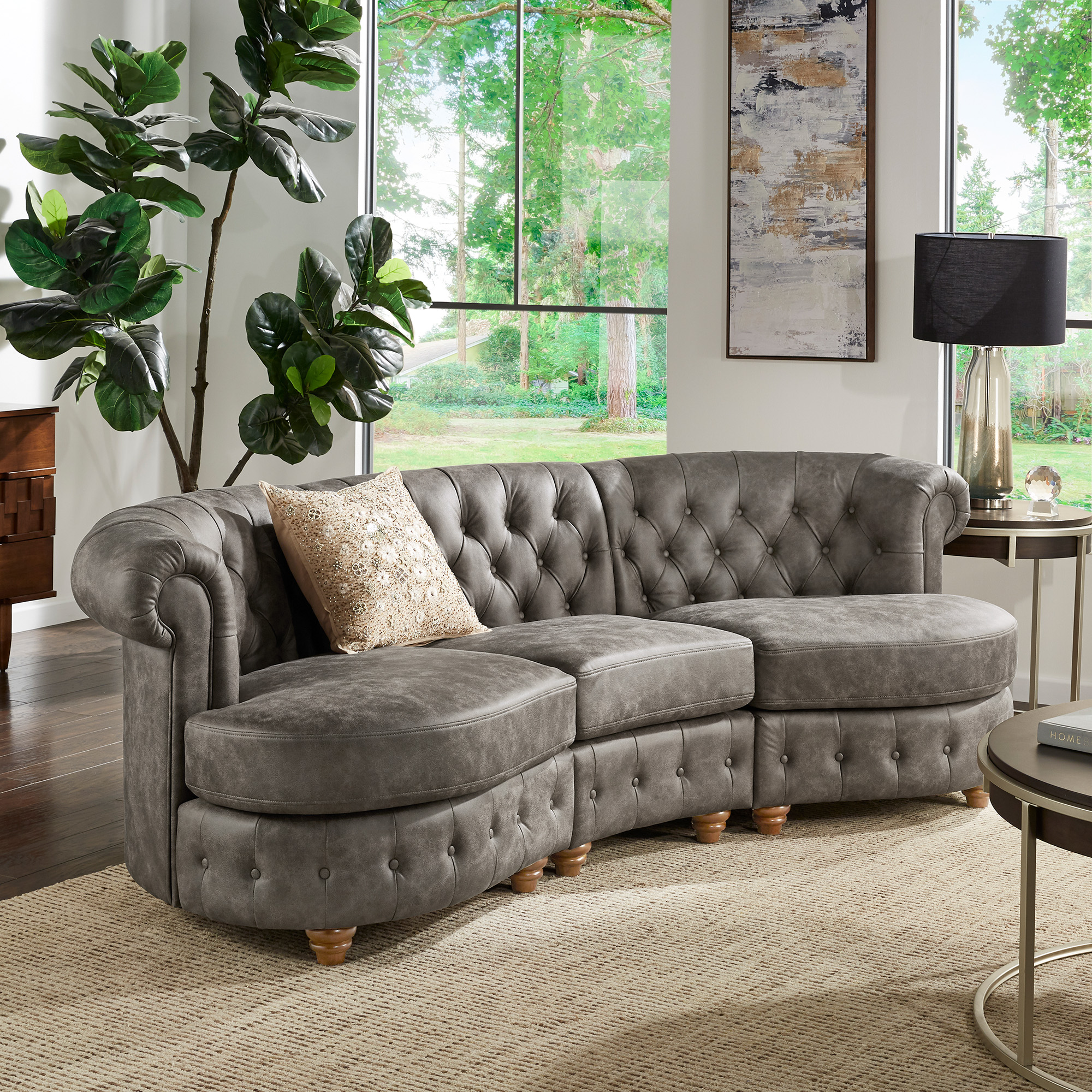 Tufted Scroll Arm Chesterfield Curved Sofa