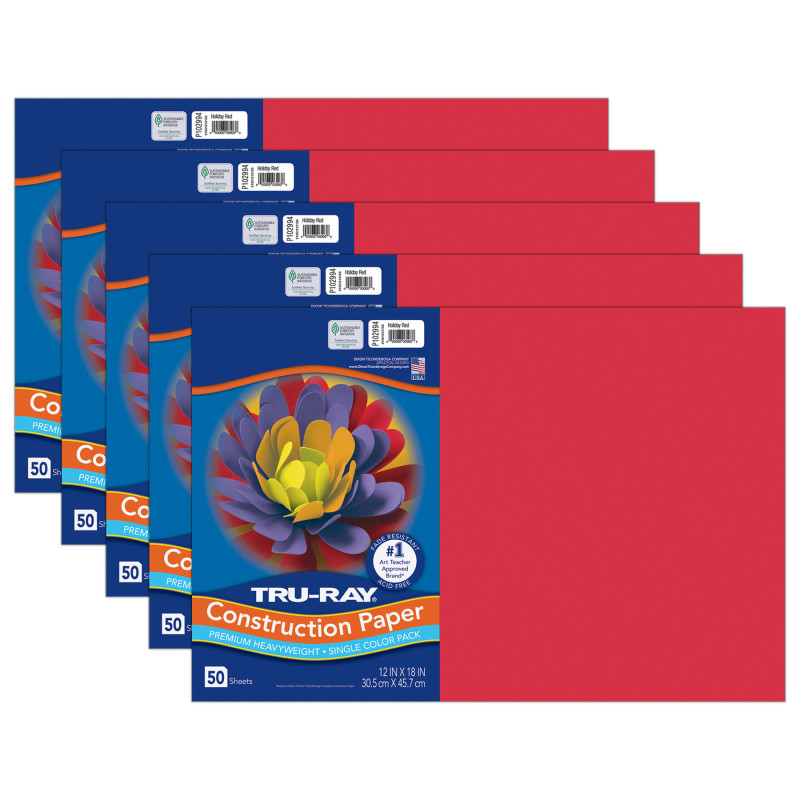 Construction Paper, Heavyweight, Holiday Red, 12" x 18", 50 Sheets Per Pack, 5 Packs