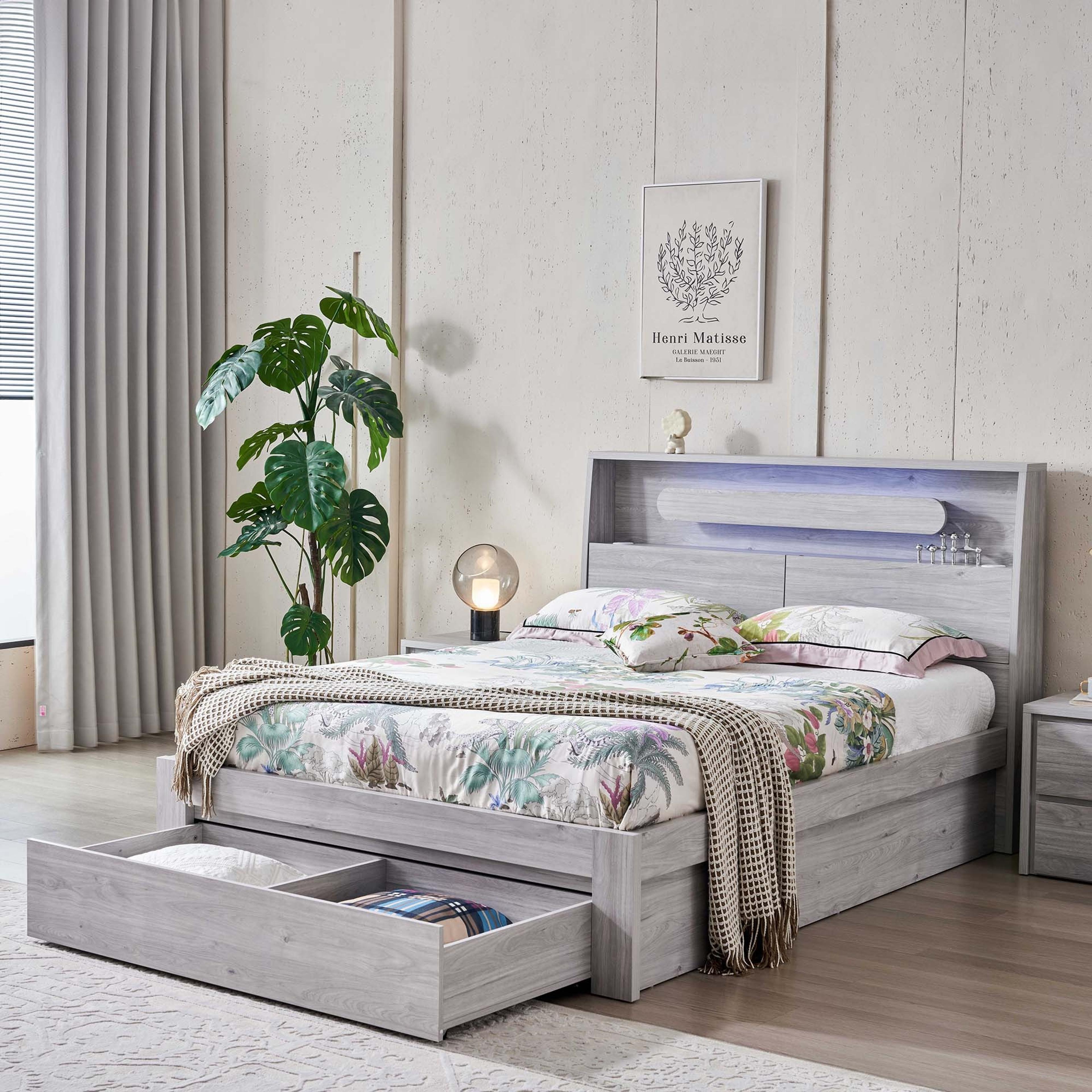 Lifestyle image of the  Nova Bed Frame, Side Board Lift & End Drawer Base, Stone Oak from Forty Winks
