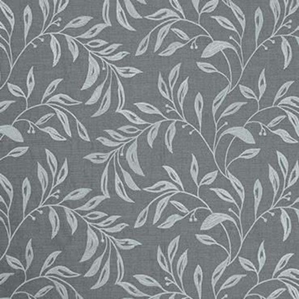 Grey wallpaper with pale, stylized leaf-and-vine pattern covers a flat surface, repeating across the frame; close-up indoor view with even lighting and no other room details.