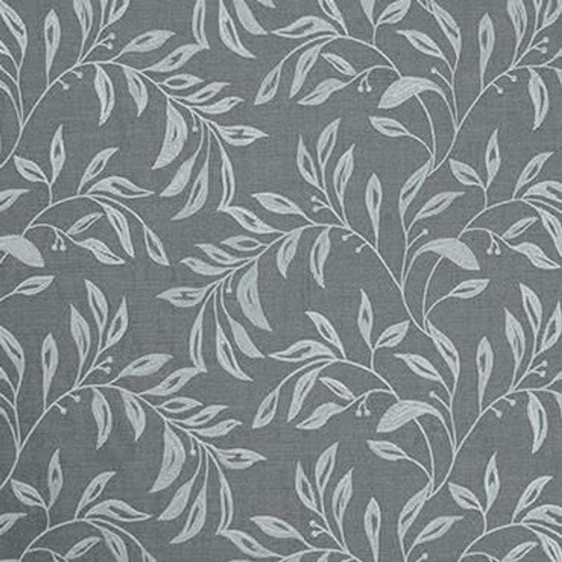 Grey wallpaper with pale, stylized leaf-and-vine pattern covers a flat surface, repeating across the frame; close-up indoor view with even lighting and no other room details.