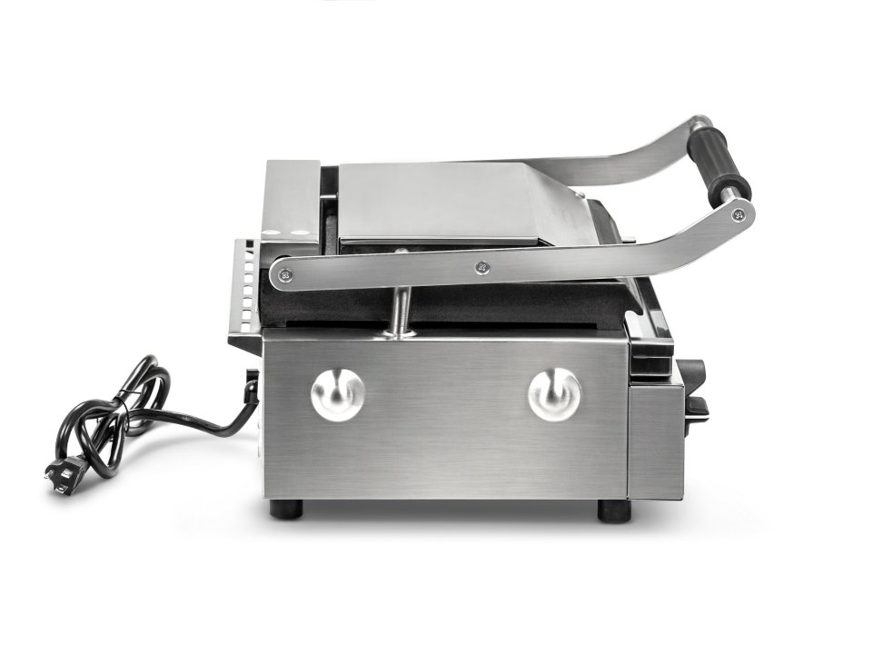 120-volt single panini sandwich grill with cast-iron flat plates and NEMA 5-15P Plug