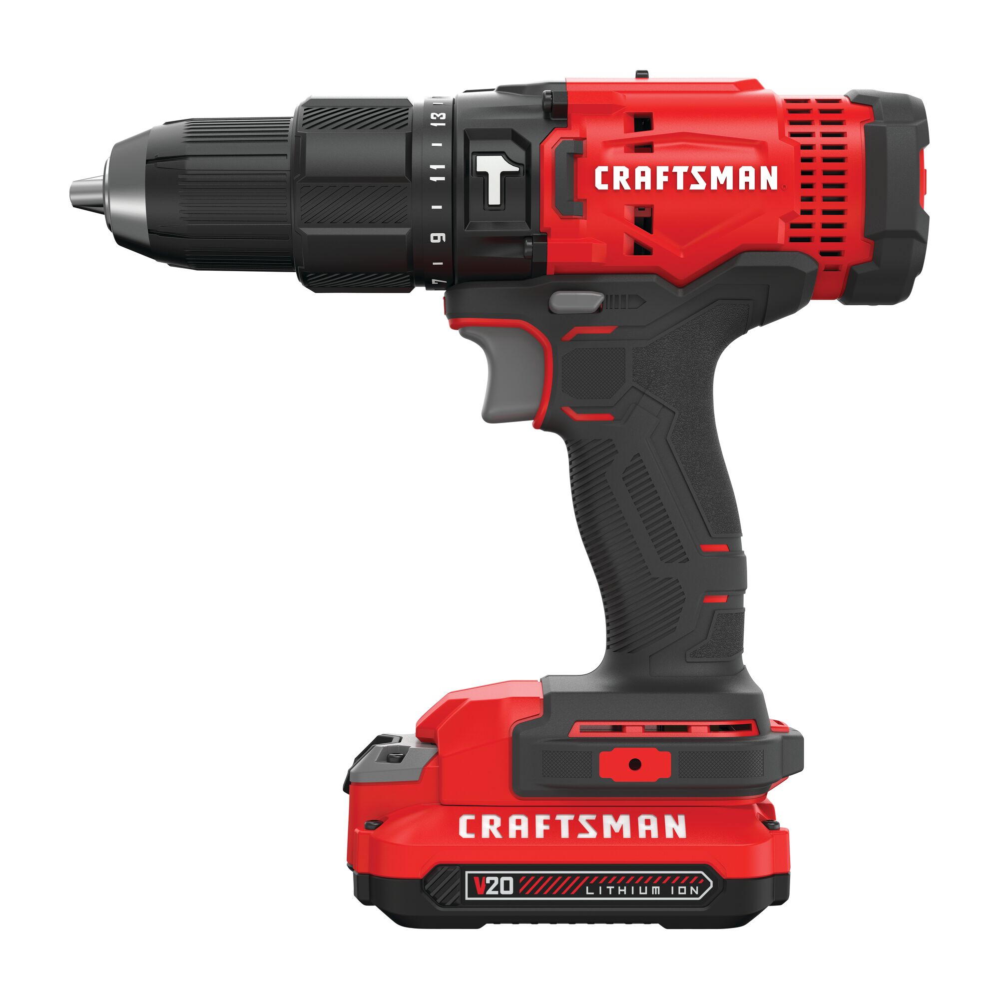 Right profile of cordless half inch hammer drill kit 2 batteries.
