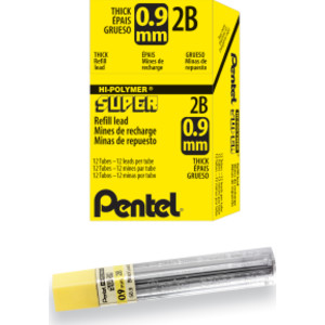 Super Hi-Polymer Lead Refill (0.9mm) Thick, 2B, 15 Pieces/Tube, 12 Tubes/Box