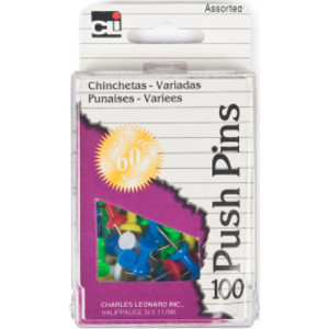 Push Pins, Assorted Colors, Box of 100