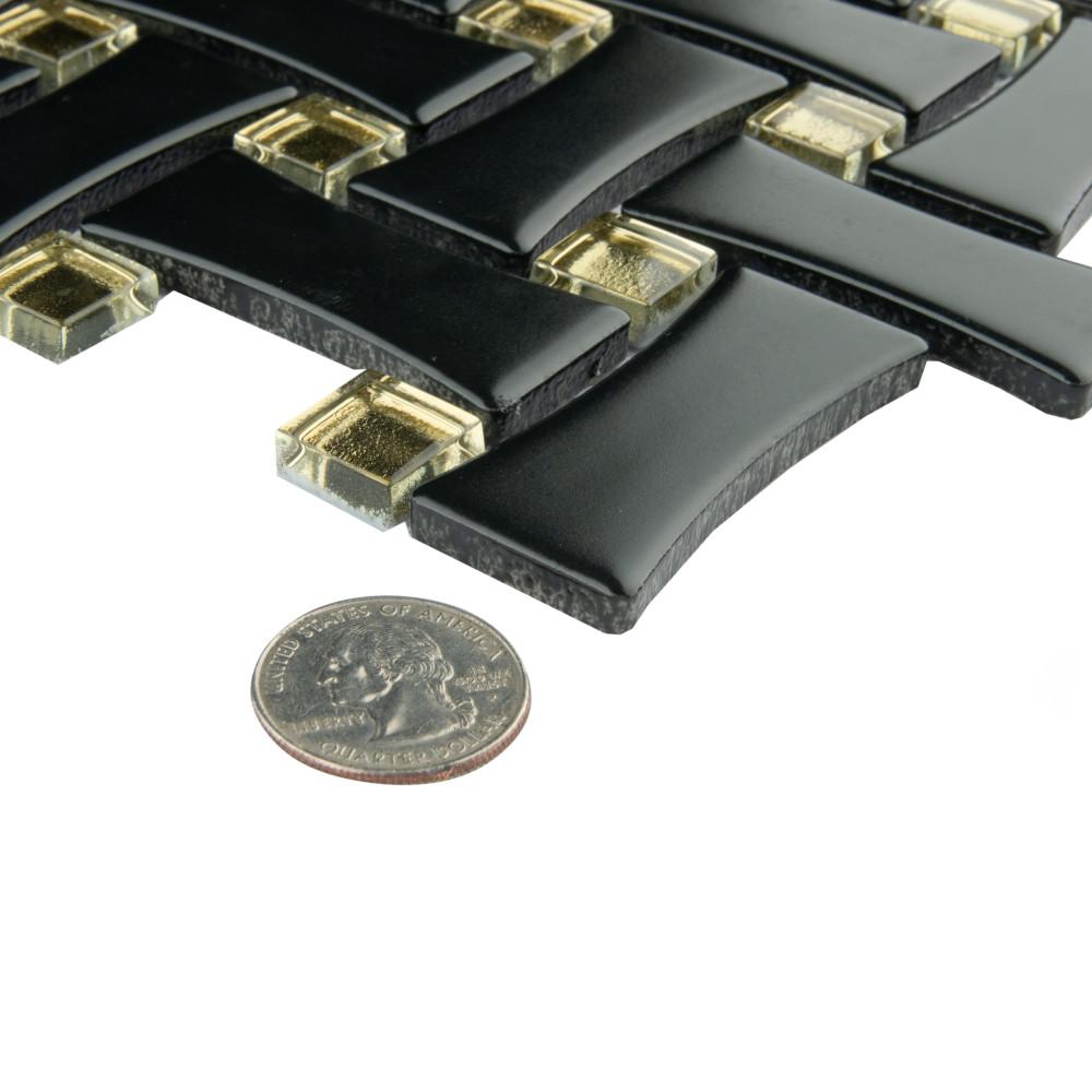 Sample – Metro Dog Bone Basketweave Matte Black w/Glass Gold Dot Porcelain Mosaic Tile