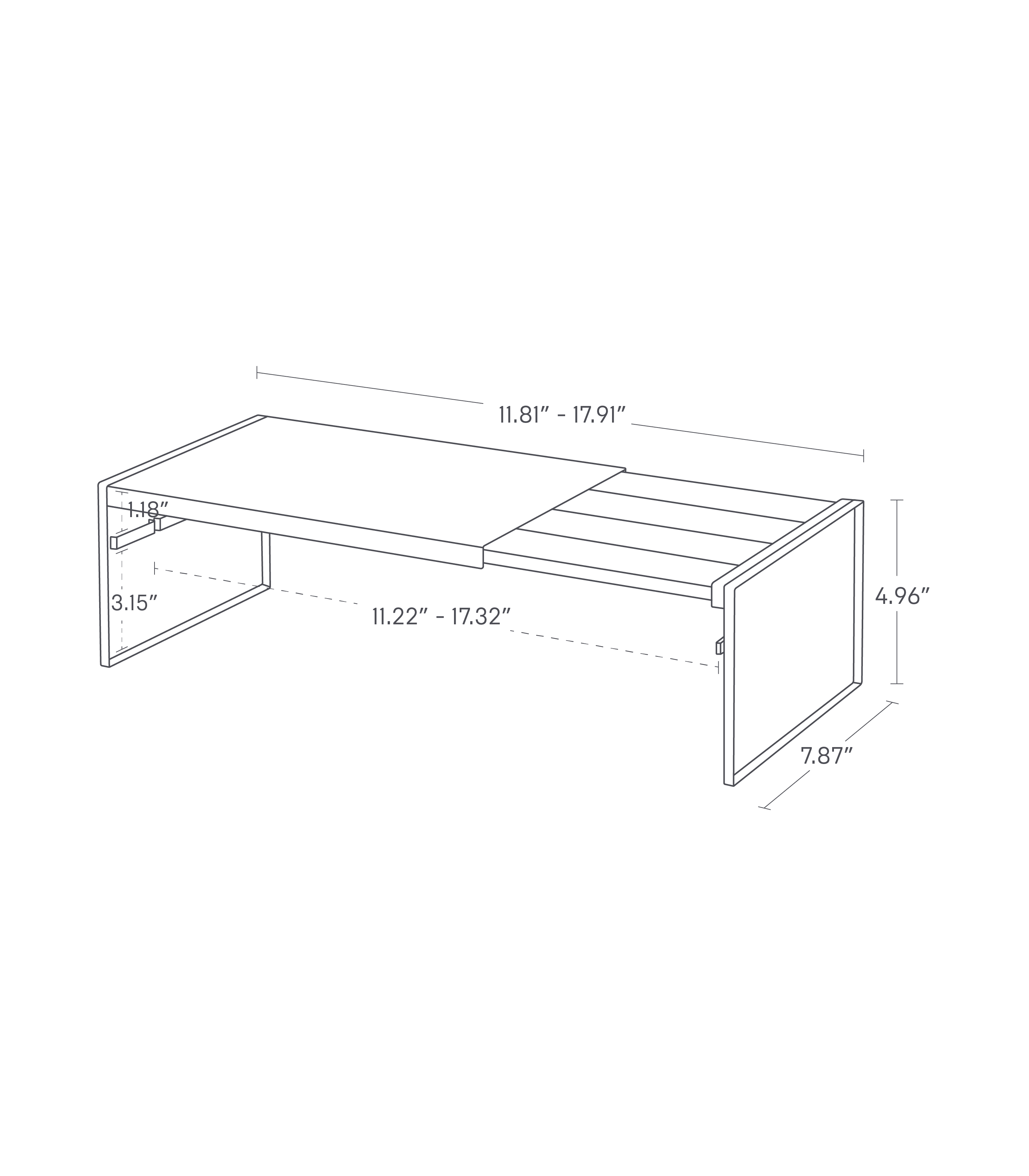 Dimension image for Expandable Refrigerator Riser Shelf showing dimensions of an elongated item with sliding components. Total length extends from 11.81" to 17.91", width is constant at 7.87", and height is 4.96". Internal compartments have a depth ranging from 11.22" to 17.32", with a height of 3.15