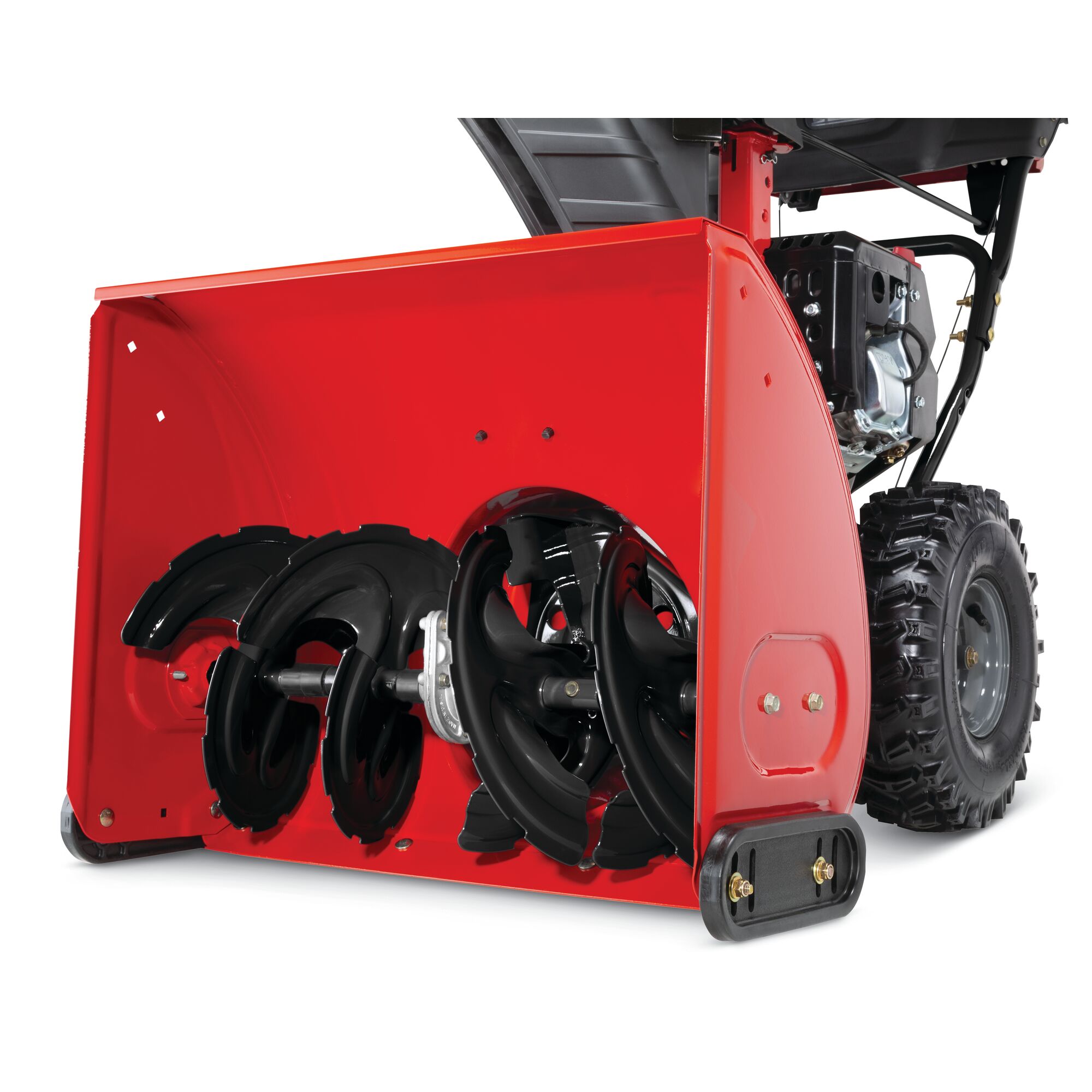 Enhanced clearing power feature in 26 inch 208 CC electric start two stage snow blower.