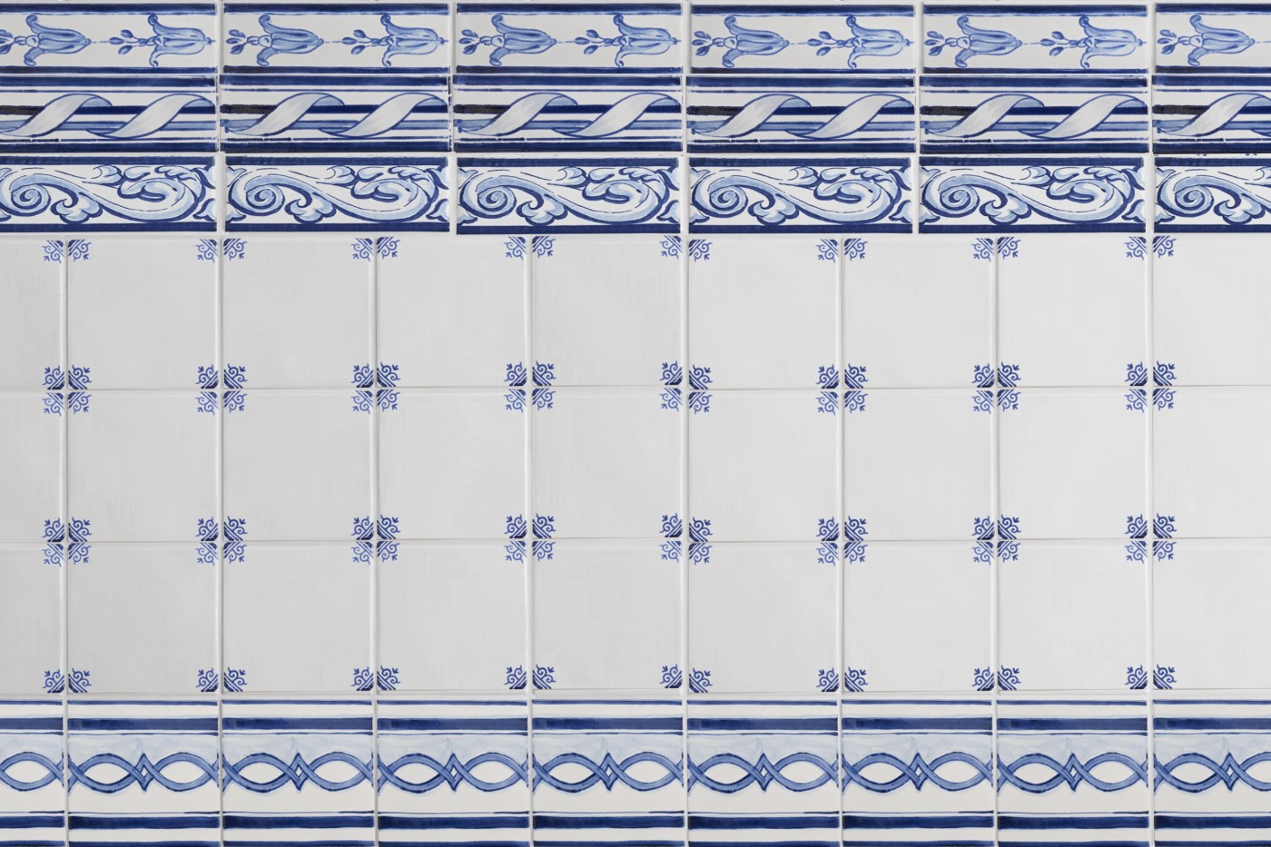 blue and white tiles with decorative designs.